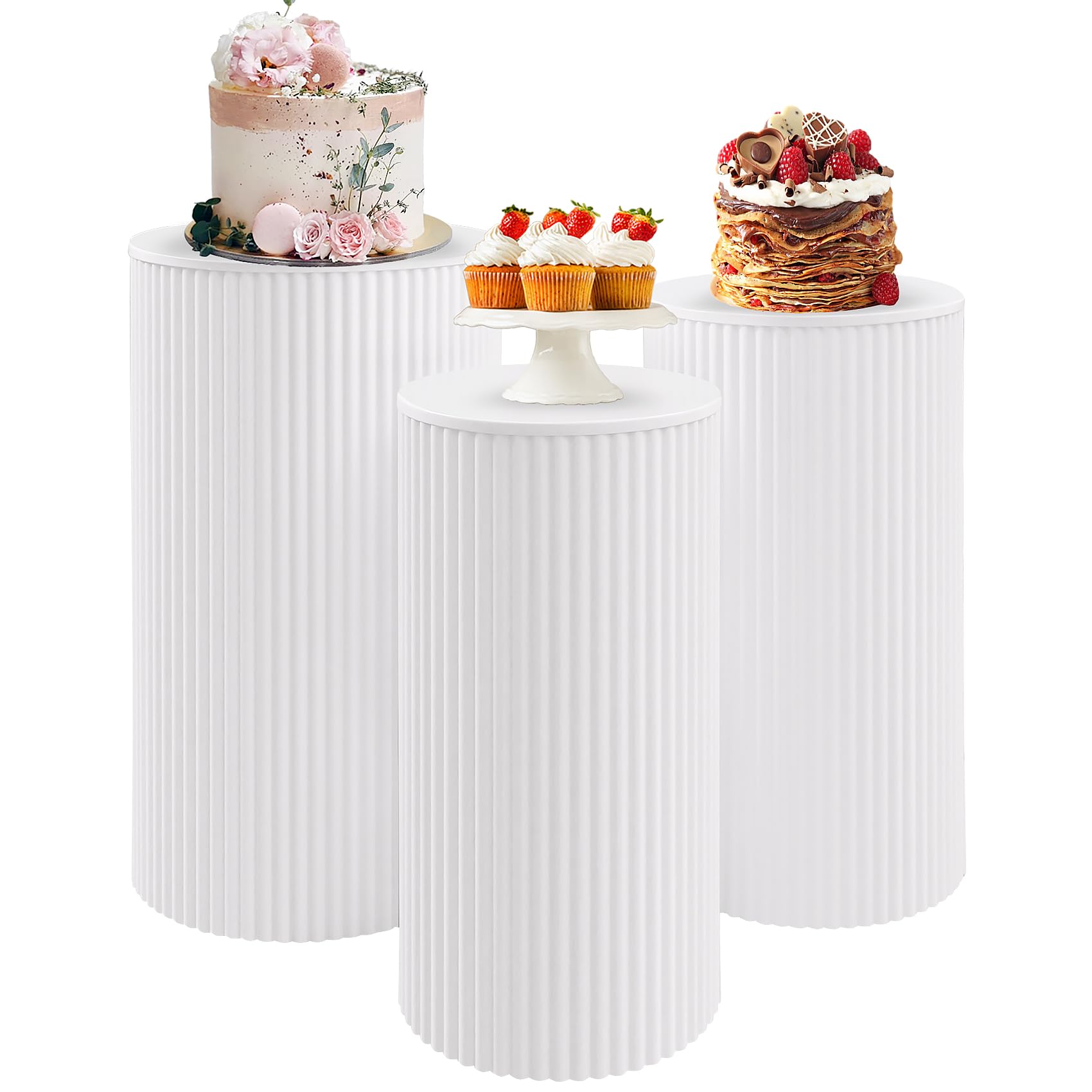 Photo 1 of JALANCY Metal Pleated Cylinder Pedestal Stands for Party, 3 Pieces Heavy Duty Round Cake Pedestal Stand Display Plinth Pillars Art Decor for Wedding Ceremony Birthday Party?Small, White?