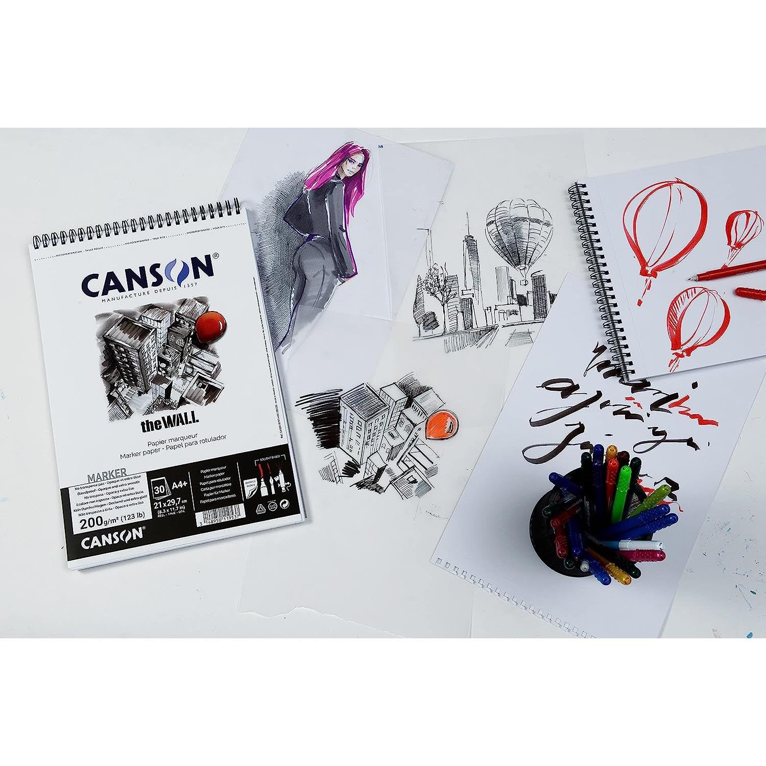 CANSON Lot de 5 Blocs 30 Feuilles Dessin Spiralé "The WALL" A4 200 g Blanc Mat Très Lisse
