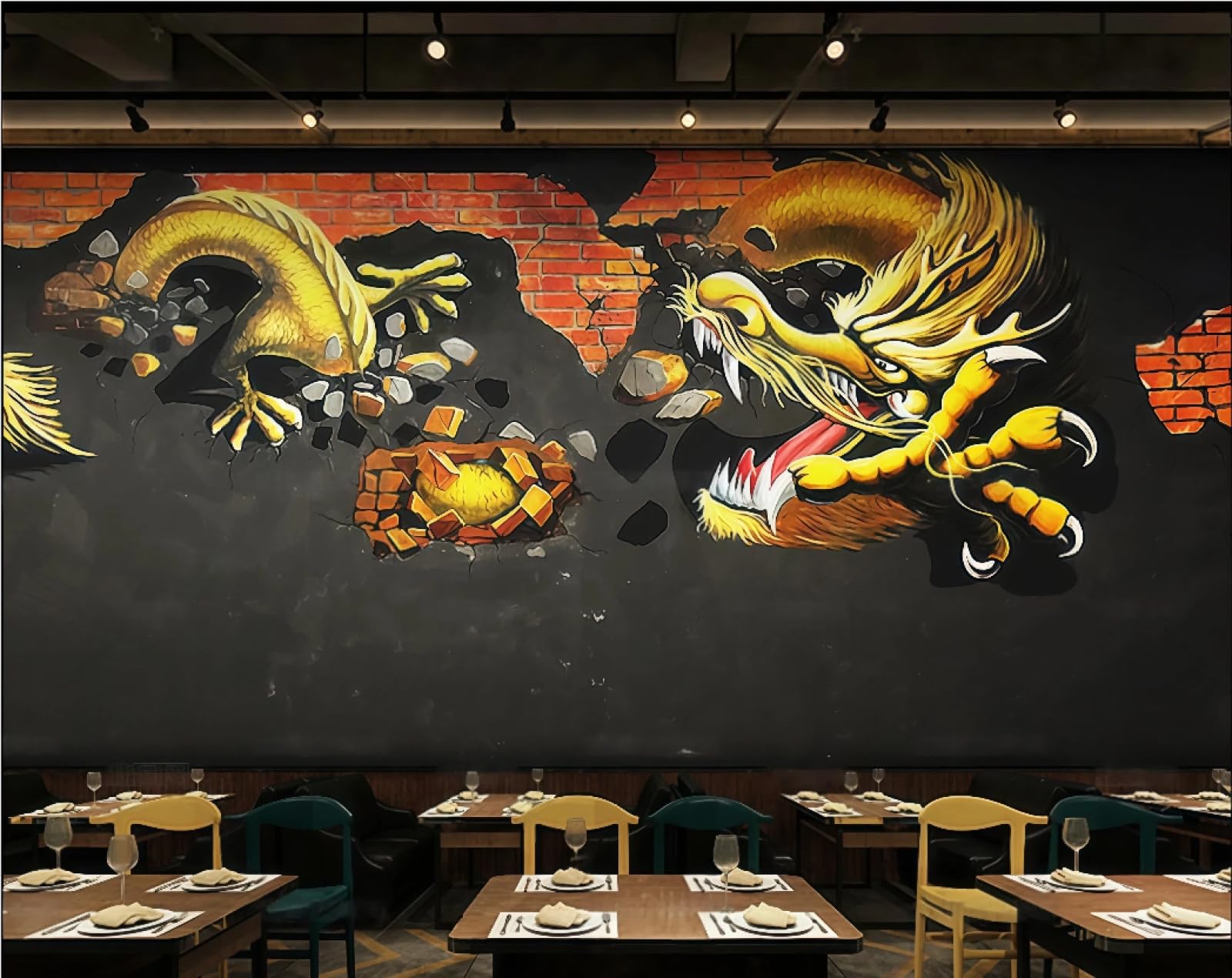 rskjdghshd Wallpaper Nostalgic Brick Wall Graffiti Golden Dragon Themed Beverage Shop Bar Western Restaurant Background Wall Mural Afternoon Tea Coffee Shop Wallpaper,3D,430x300cm