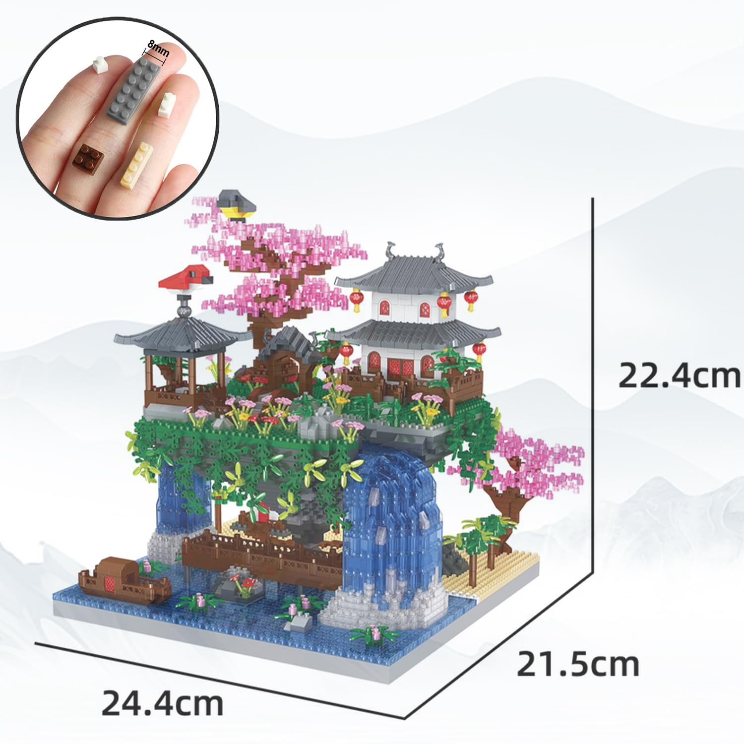 3200 elementów mikro klocków, architektura stawu z kwiatami brzoskwini, mini klocki zaciskowe, dom z diodami LED, zestaw do budowy domku sakura dla dorosłych, modułowa zabawka architektoniczna