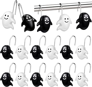 12 Pcs Halloween Ghost Shower Curtain Hooks Cute Spooky Hooks Hangers Black White Stainless Steel Resin Decorative for Home Bathroom Shower Curtains Rods Decor Supplies