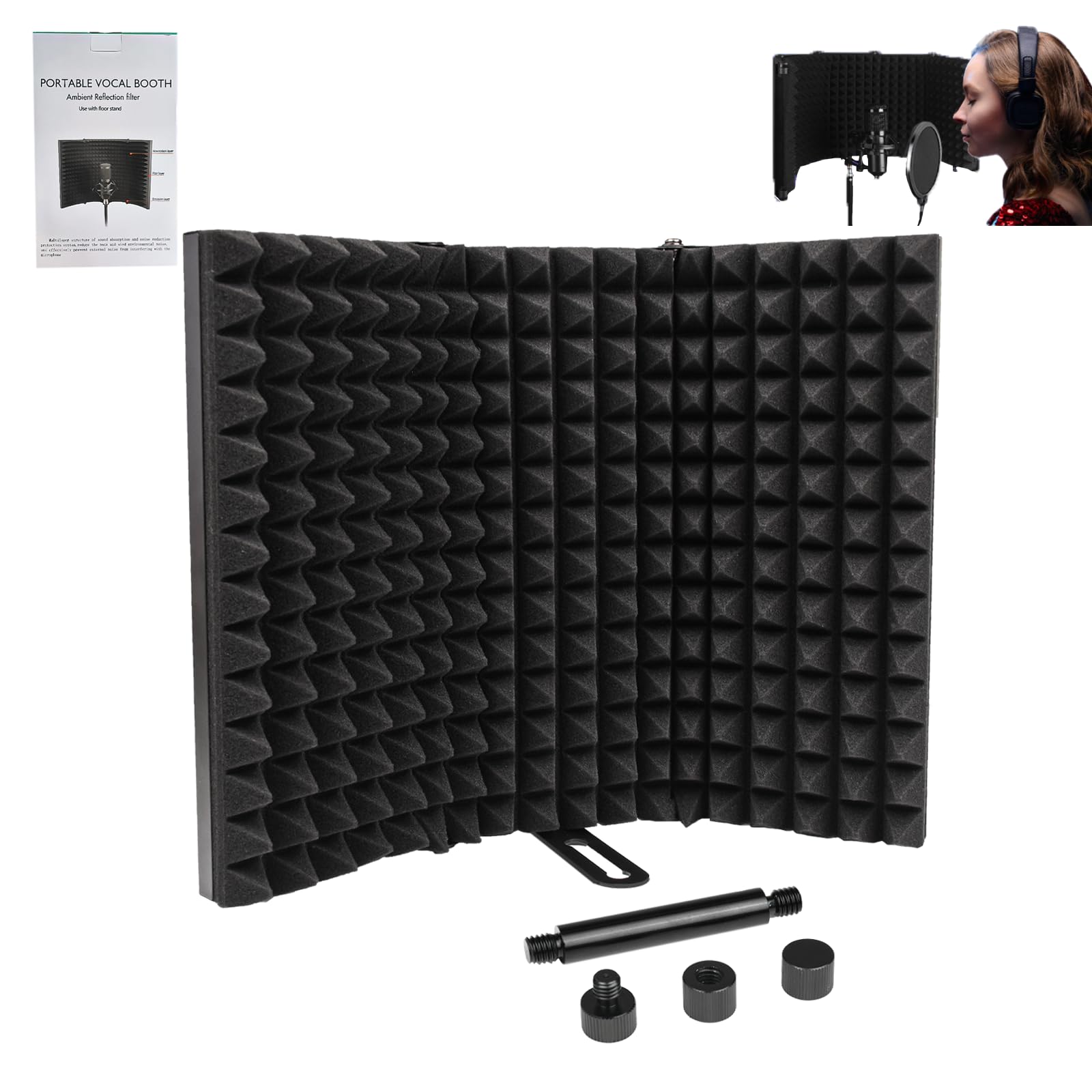 Microphone Isolation Shield, Unfold 180 ° pieghevole Studio Mic Sound Absorbing Foam Reflector Shield professionale per Tabletop Countertop Stand Microphone Recording Equipment Studio, nero