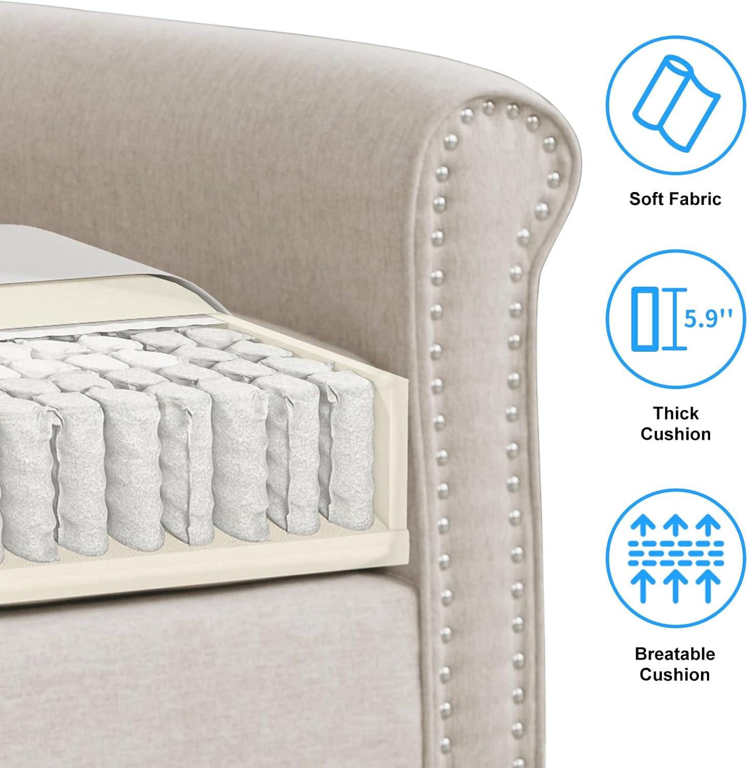 Cross-section view of a sofa cushion showing pocket springs and foam layers.