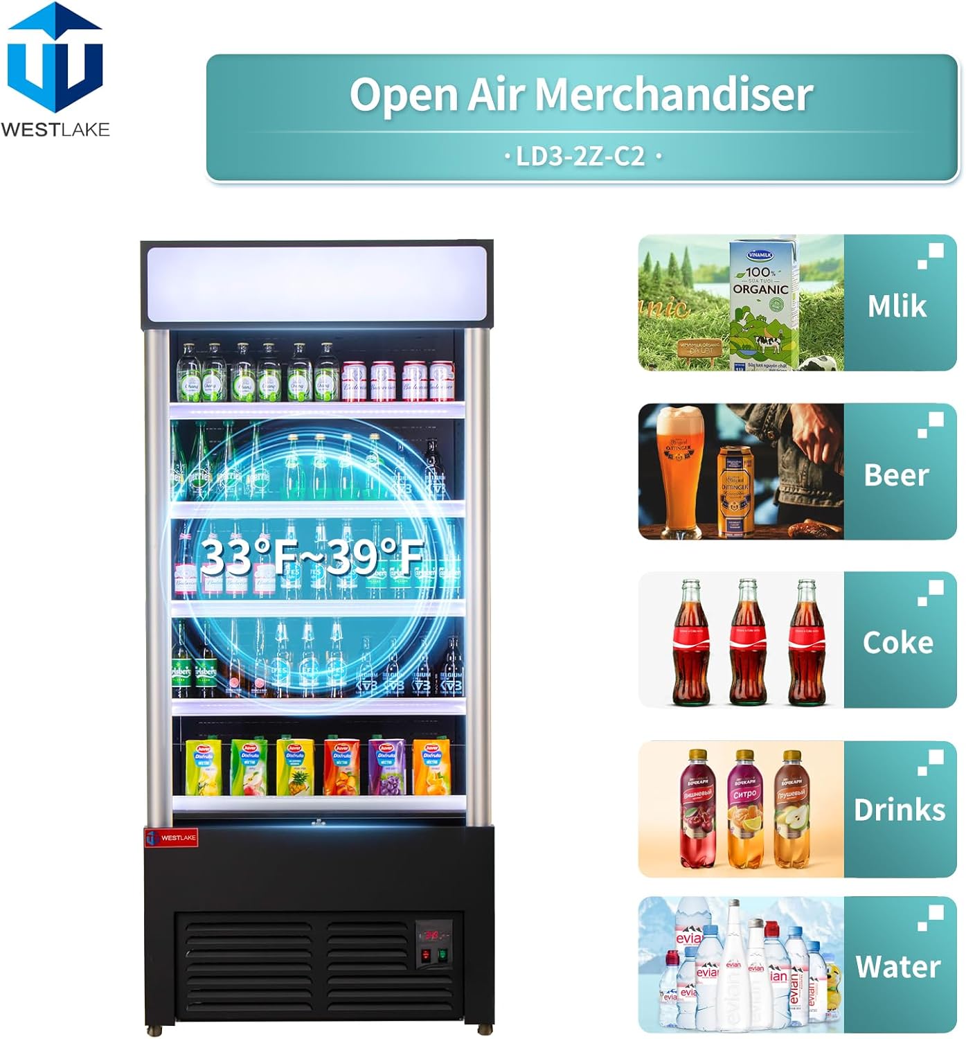 WESTLAKE Open Air Merchandiser Commercial Refrigerator with Lighting and Night Curtain 25.5 Cu.ft 35.4” W 32.5" D Upright Fan Cooling Display Cooler for Stores, Supermarkets, Bar, Shops, etc
