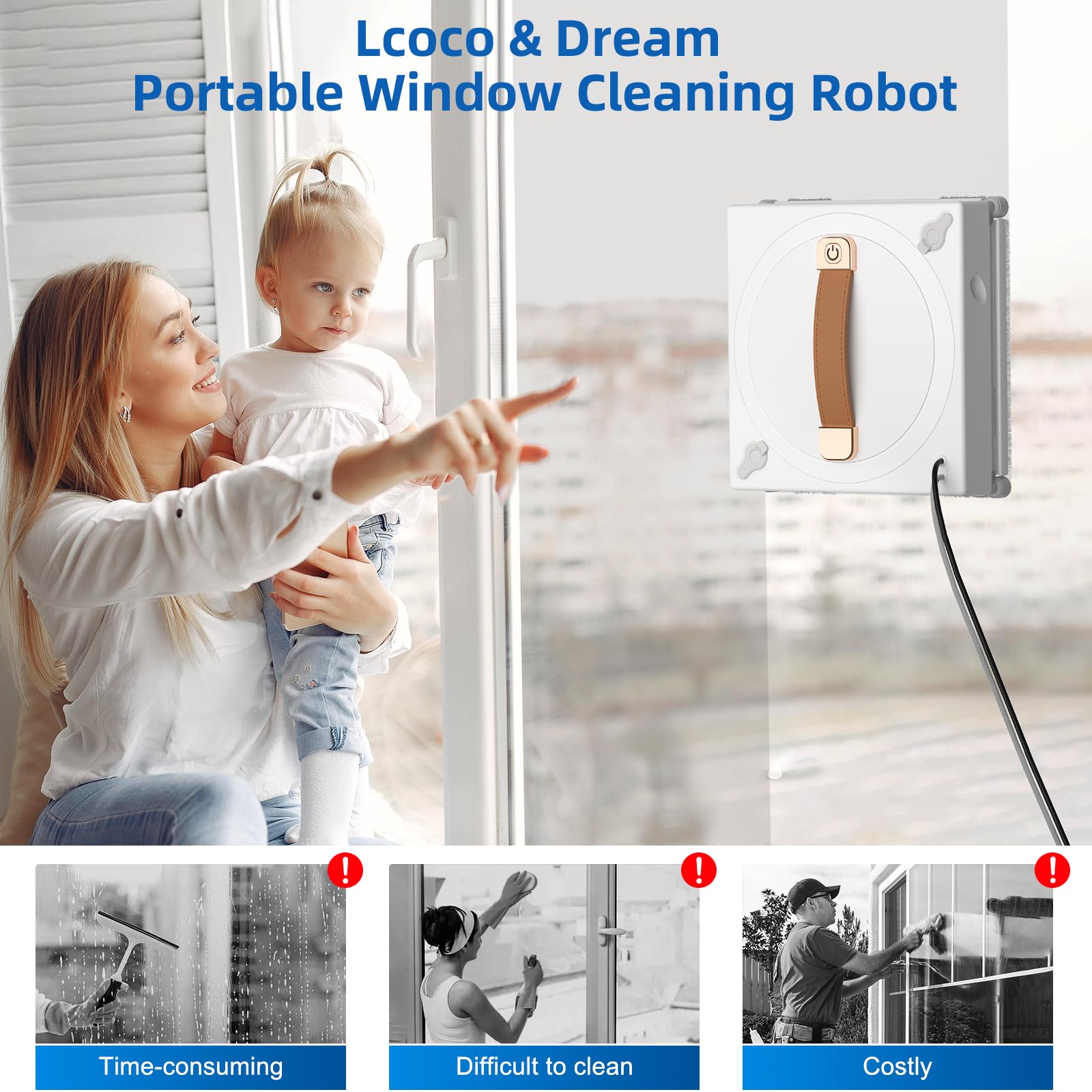 Lcoco&Dream Robot portátil de limpieza de ventanas, spray de agua bidireccional automático ultrasónico, detección automática de presión de aire, planificación inteligente de 3 caminos, sistema