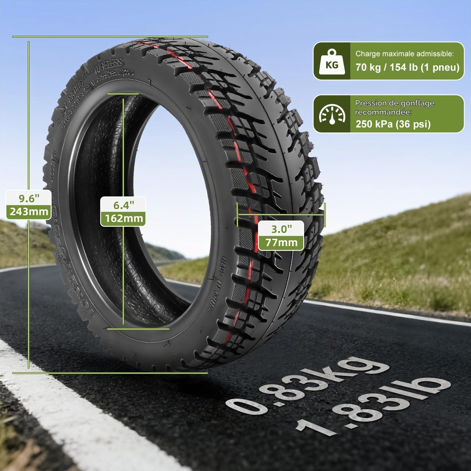 10 x 2,75-6,5 Pneus Tubeless Tout Terrain pour Kukirin G2 Master, 10 Pouces Pneus de Rechange pour Kukirin G3 Speedway 5 Dualtron 3 Gotrax G4 Scooter Électrique Avant/Arrière (2 Pièces)