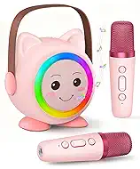Mini Karaoke Machine Toy for Kids, Portable Karaoke Machine with 2 Wireless Microphone for 4,5,6,7,8,9,10,11,12+ Years Old Christmas Birthday Gifts Girls Boys (Pink)