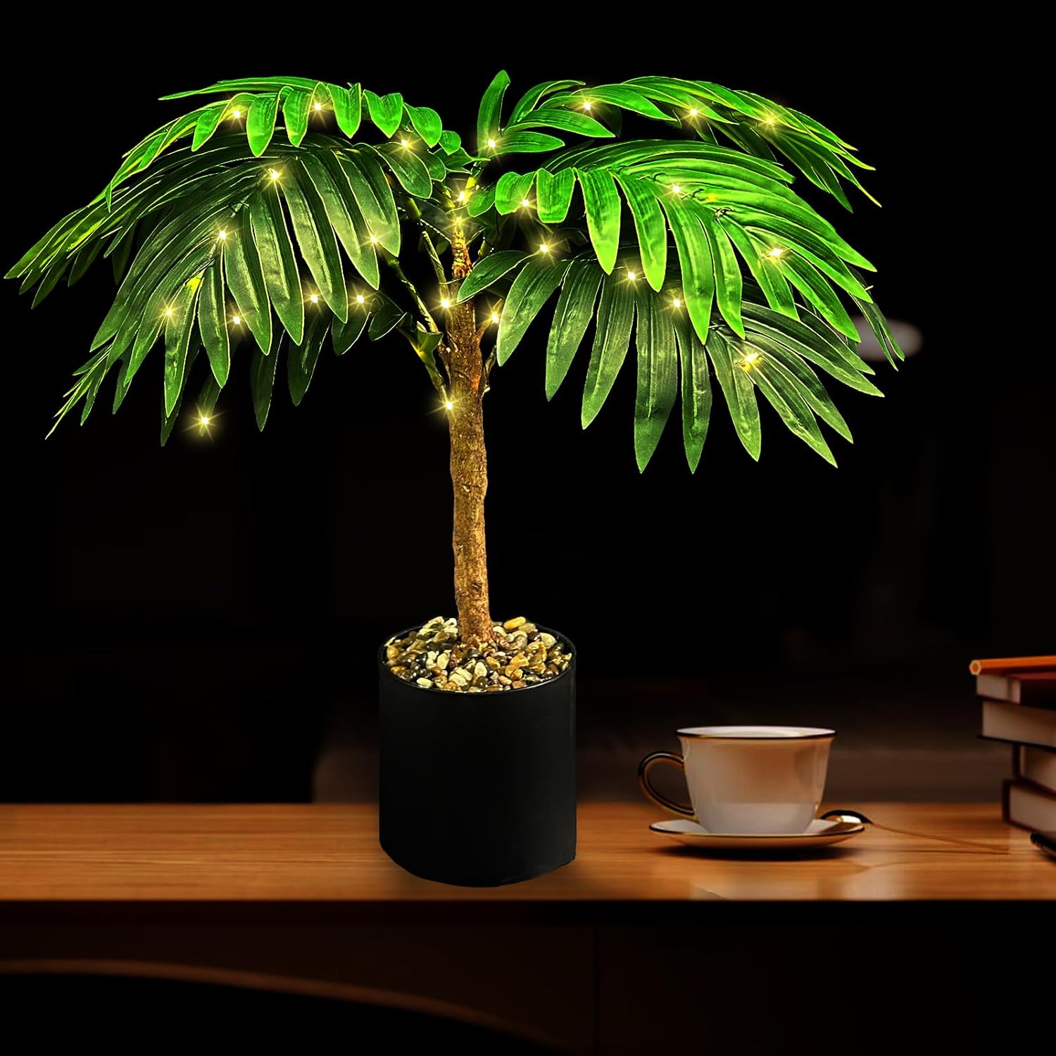 20'' Lighted Palm Tree Faux Plant with LED Lights - USB & Battery Box Powered - Artificial Palm Tree for Living Room, Home Decor, Indoor Decoration (Palm Leaf)