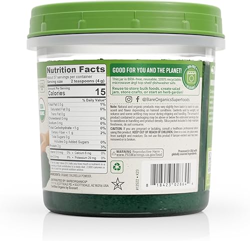 BareOrganics 12522 USDA Polvo orgánico de Chlorella, superalimento en polvo, suplemento dietético, 8 onzas