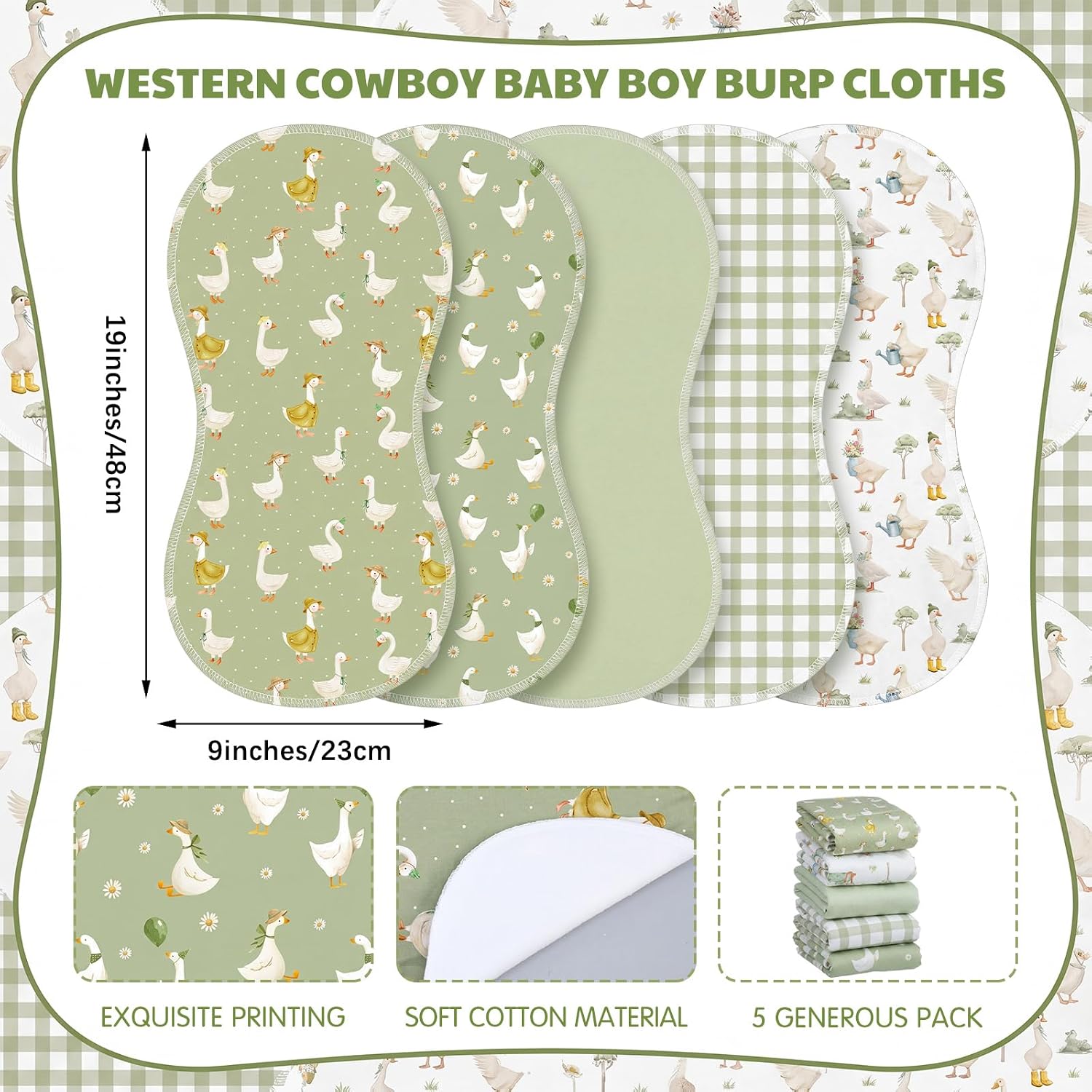 SmoothNovelty 5 Pack Silly Goose Baby Burp Cloths Soft Absorbent Burping Rags for Newborns 19″x9″ Spit up Cloths for Boy Girl Newborn Baby Shower Registry Gifts Set Nursery Decor