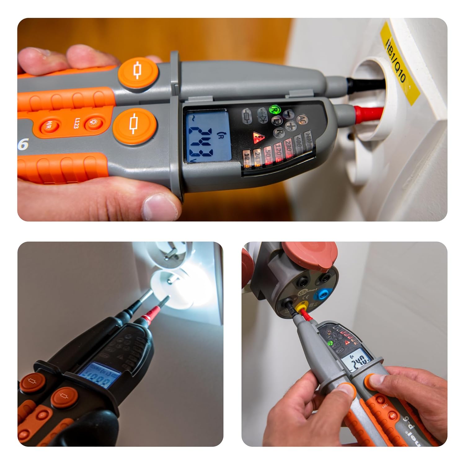 Sonel P-6 measuring voltage in a wall socket, showing LCD and LED bar indications