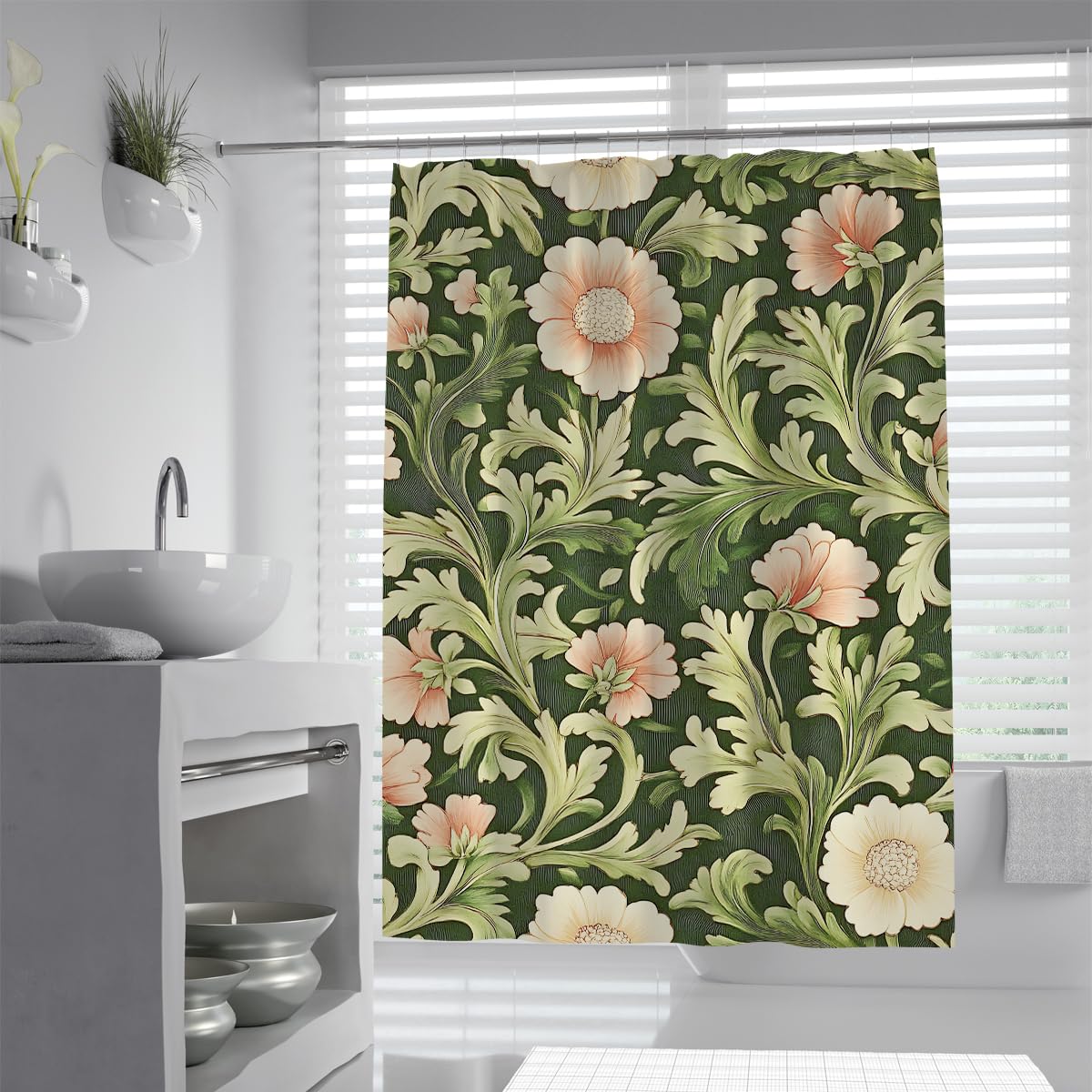 OLLIAR Home Boho Sage Green Floral Shower Curtains 150x180 Peony Flowers Shower Curtain Set Aesthetic Wildflower Curtains Waterproof Fabric with Hooks
