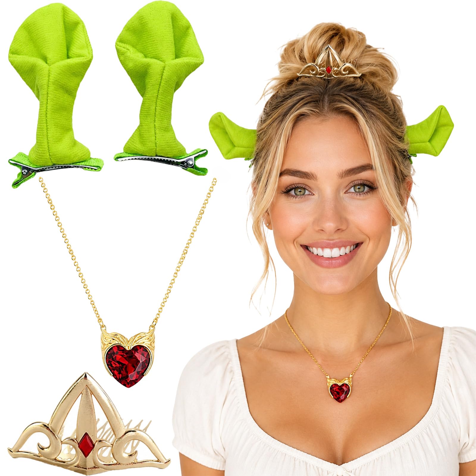 3PCS Ogre Ears Hair Clips Headpiece Set Crown Necklace Halloween Cosplay