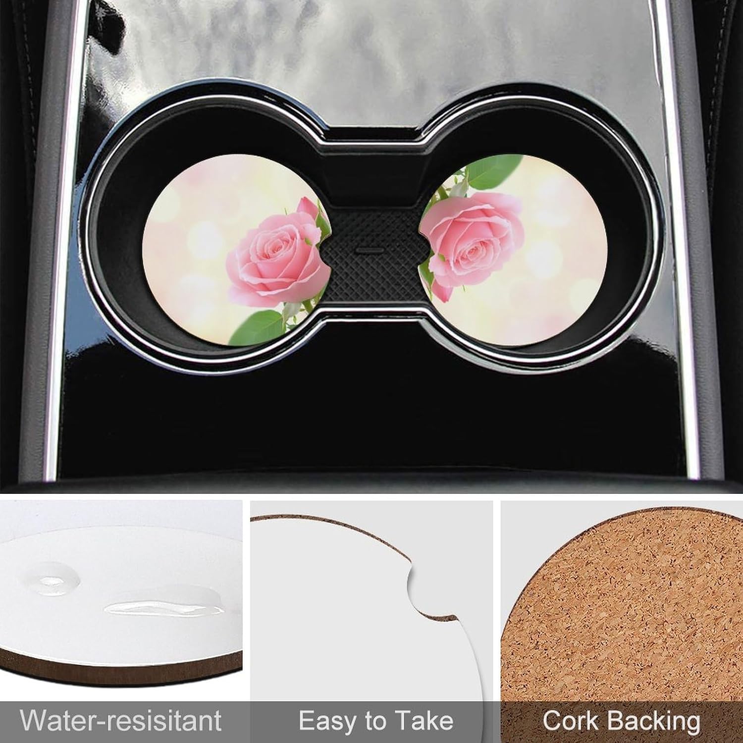 A Beautiful Rose Cute Car Coasters 2.56 Inch Absorbent Cup Holder for Drinks Auto Interior Accessories