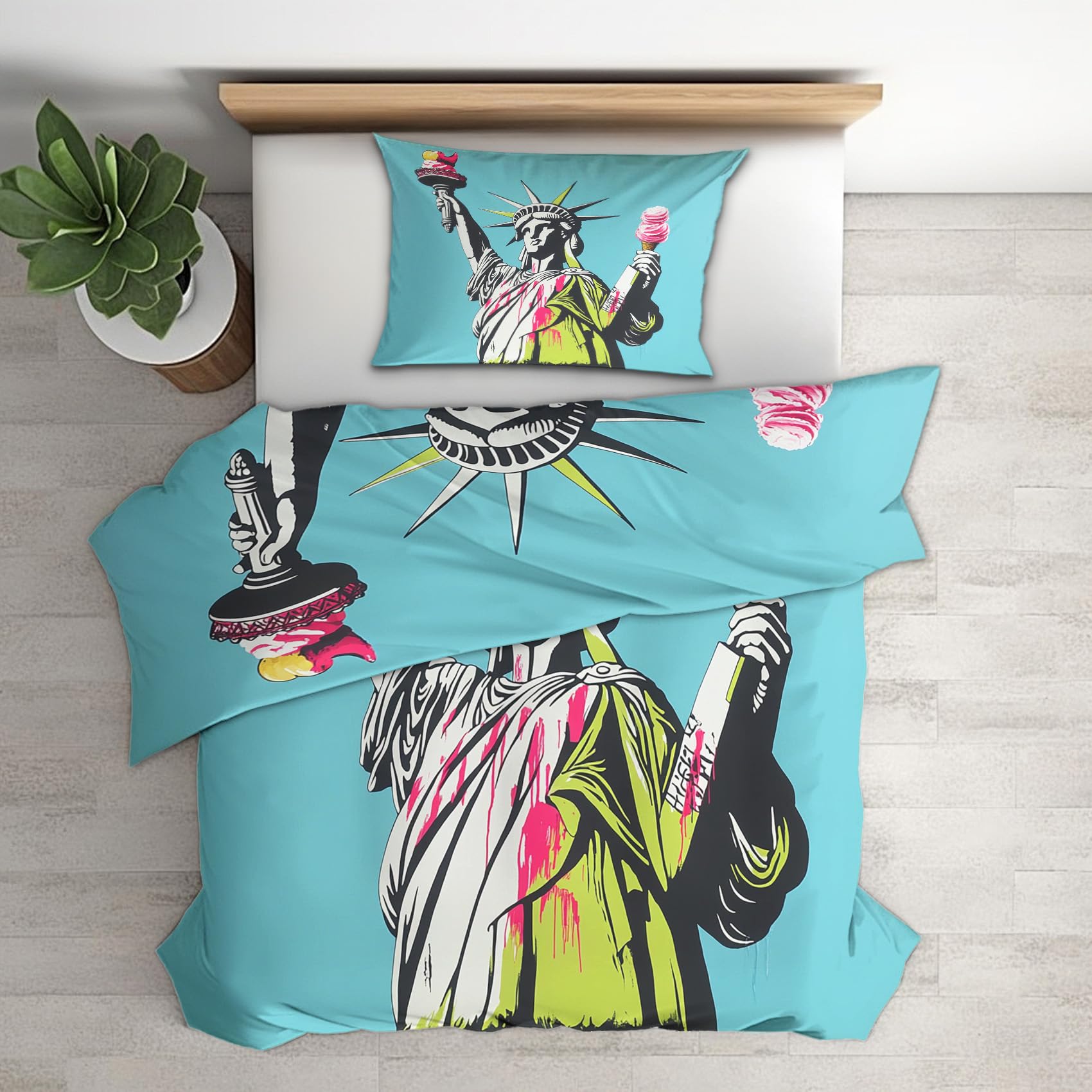 Linge de lit américain 140x200 avec housse de couette Statue de la Liberté et taie 65x65