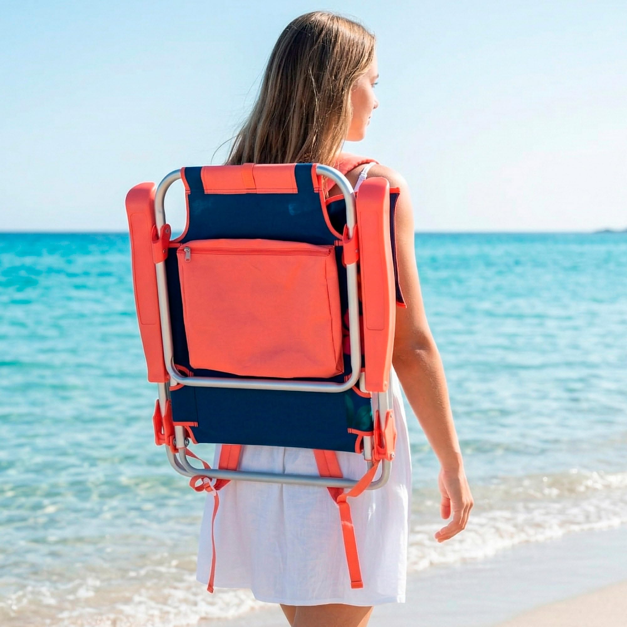 AKTIVE Silla de playa plegable reclinable, 50x54x80 cm, 5 posiciones, Reposacabezas acolchado, Bolsillos y asas mochila, Silla baja playa, Resistente hasta 110 kg (62512)