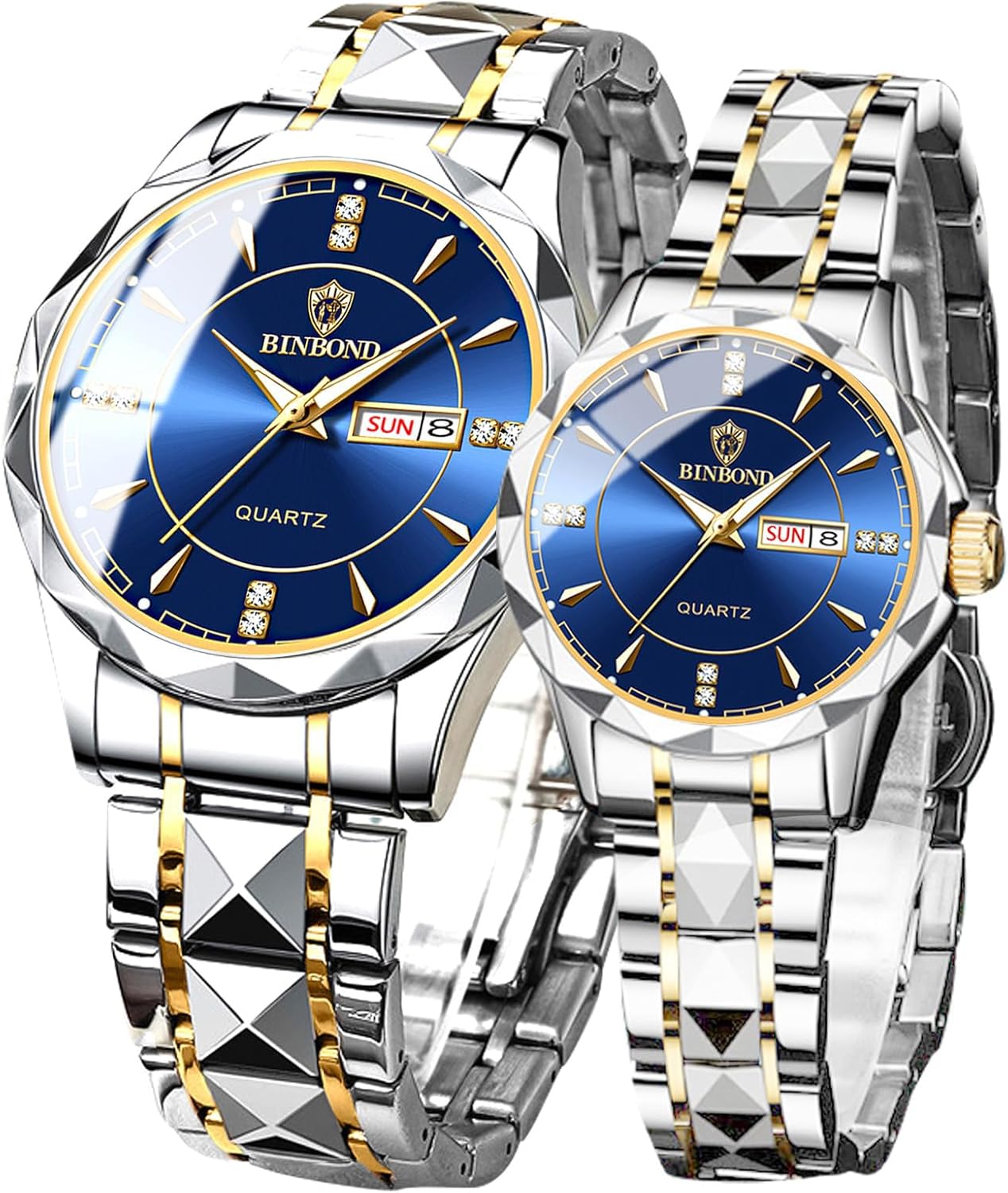 FANMIS Valentines Couple Pair Quartz Watches Luminous Calendar Waterproof Business Dress Luxury His and Hers Wristwatch Stainless Steel Couple Wedding Romantic Watch