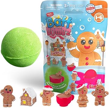 ZIMPLI - Christmas Surprise Bath Bomb Gingerbread, 1 of 6 Gingerbread Toys to Collect, One per Large Baff Bomb, Collectable Toy for Boys & Girls, Xmas & Birthday Gifts