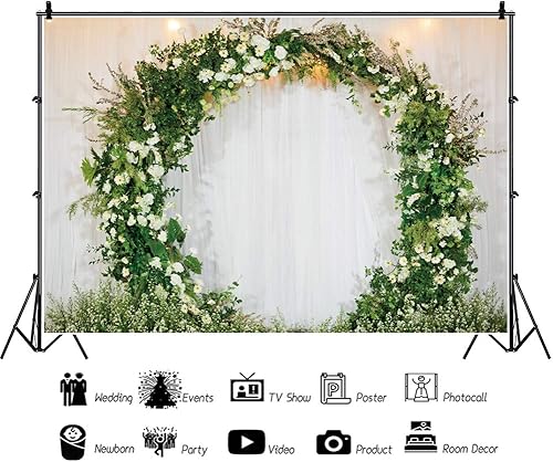 Miniatura 2 de OERJU Telón de fondo de boda romántico de 8 x 6 pies, corona arqueada en 3D, cortina blanca para pared nupcial, fondo de fotografía de pared floral