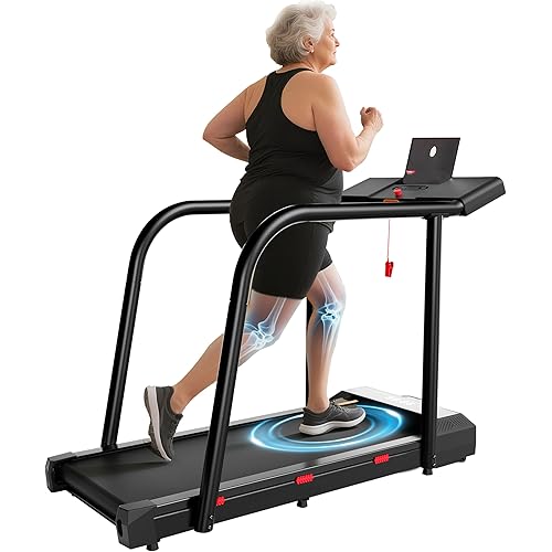 Yesoul Walking Treadmill for Seniors with Long Safety Handrails, 300 LBS Capacity, Emergency Stop Button, LED Display & Remote for Safe Home Walking and Recovery Training