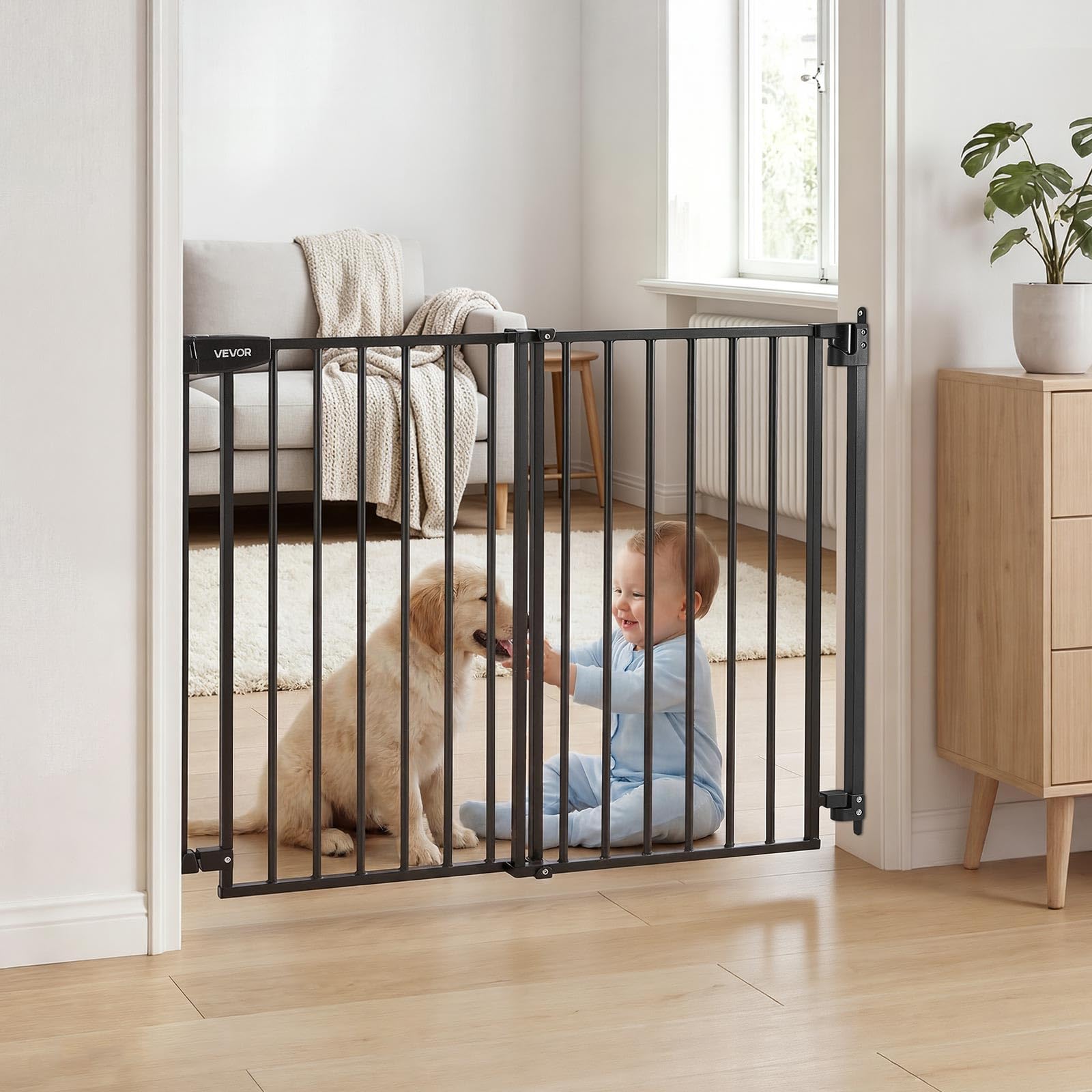 VEVOR Barrière de Sécurité Bébé, Largeur Réglable 720-1085 mm, Barrière Porte Chien, Hauteur 920 mm, sans Barre au Sol, Fixation par Perçage avec Accessoires, pour Escaliers, Passages et Maison, Noir