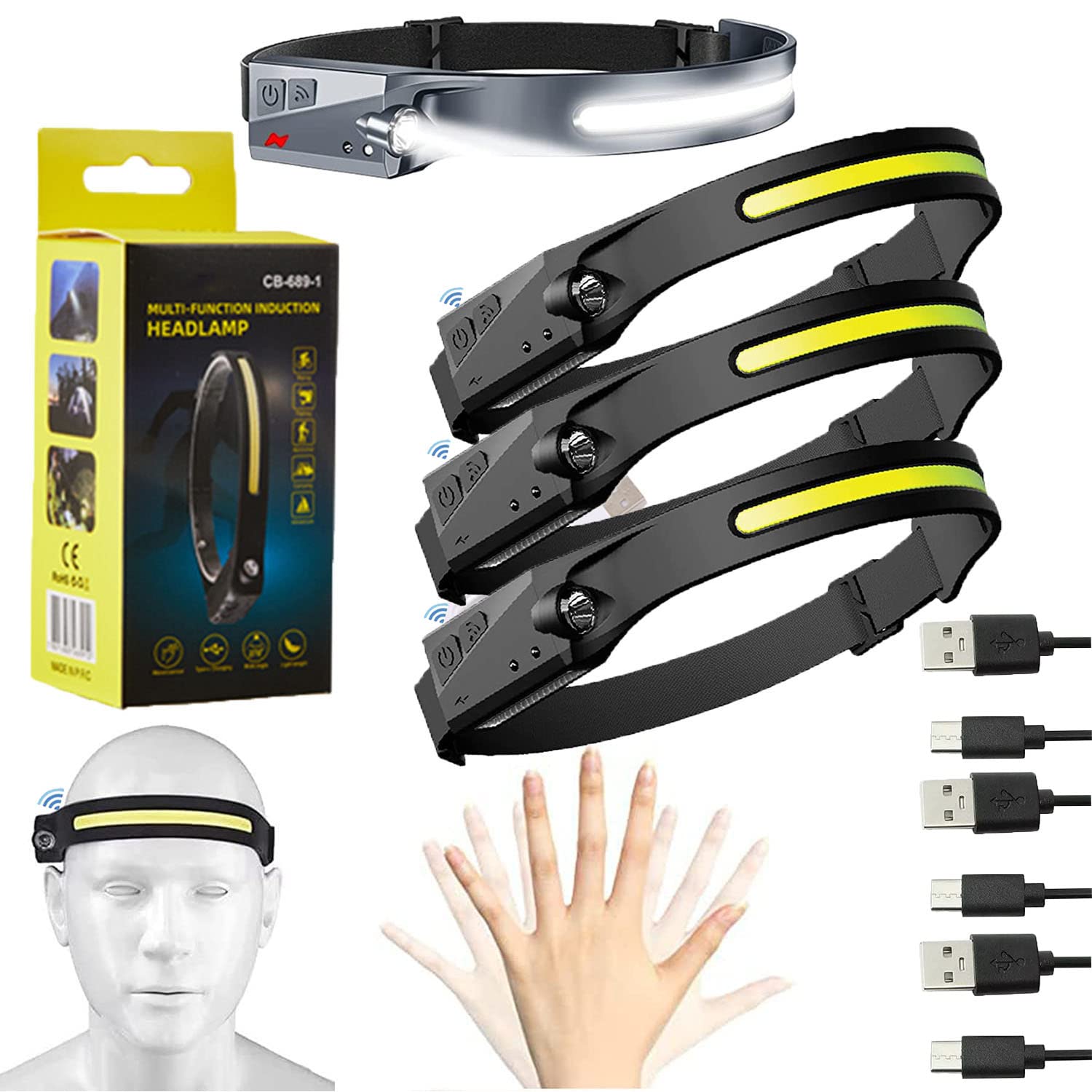 Jfxgjuv Jfxgjuv Stirnlampe, 2-in-1-Bewegungssensor, ultrahelle LED-Stirnlampe und Taschenlampe, 230°-Beleuchtung, Stirnlampe mit 3 Modi, Bewegungssensor, wasserdichte Stirnlampe für Camping, Laufen (3