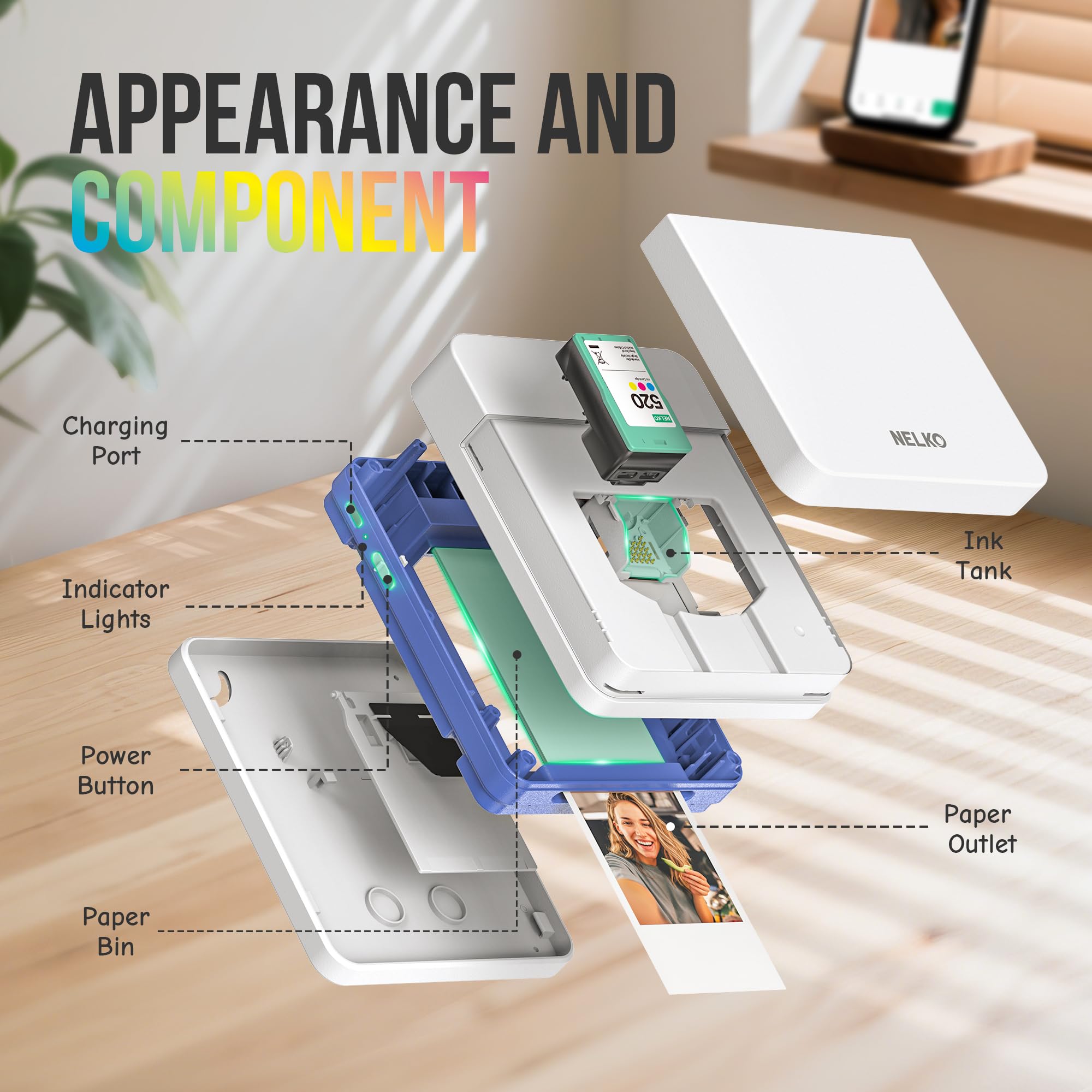 Nelko Photo Printer, PP01 Color Portable Mini Photo Printer, Instant Smartphone Inkjet Sticker Printer, Sticky-Back Photos, for iOS & Android, Picture Printer for Christmas, Fun Editing App, White - 4