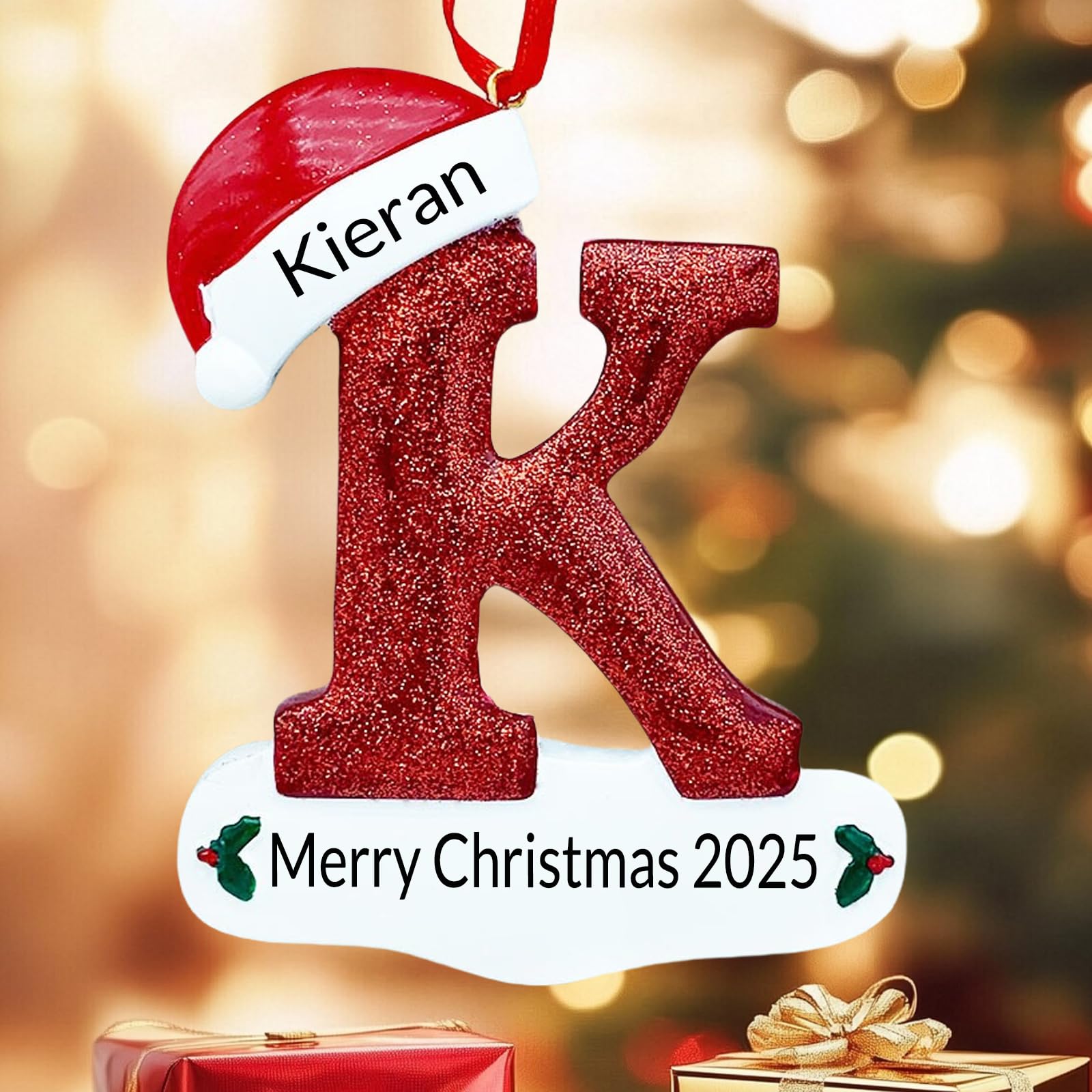 Christmas Ornaments 2025 Personalized Letter Hanging Ornament with Name/Text, Resin 3D Xmas Tree Decoration Pendant, Holiday Family Indoor Decor Gift for Friends Family (K)