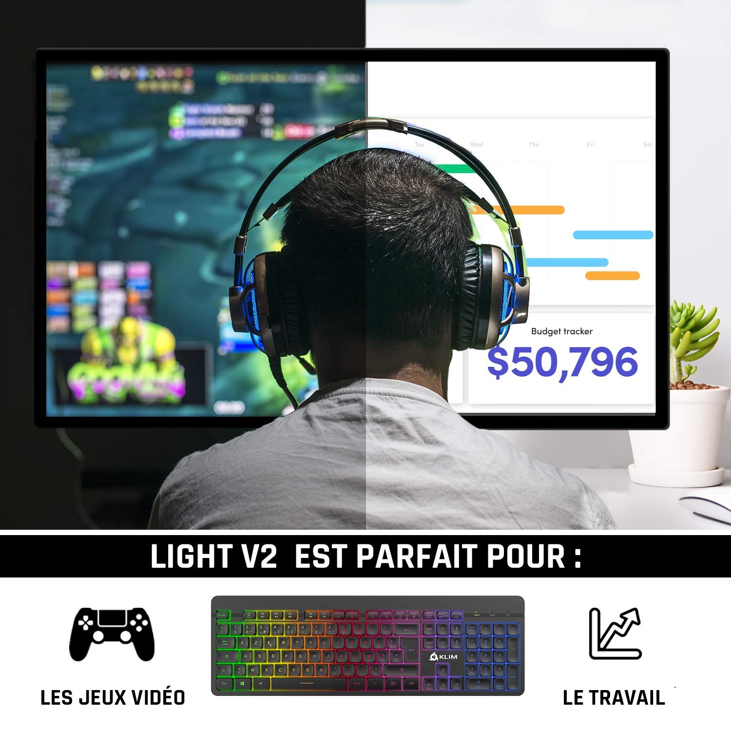 KLIM Light V2 Clavier sans Fil AZERTY + Nouveauté 2024 + Fin, Discret, Waterproof, Silencieux + Clavier Gamer rétroéclairé pour PC Mac PS4 PS5 + Batterie Intégrée Longue Durée