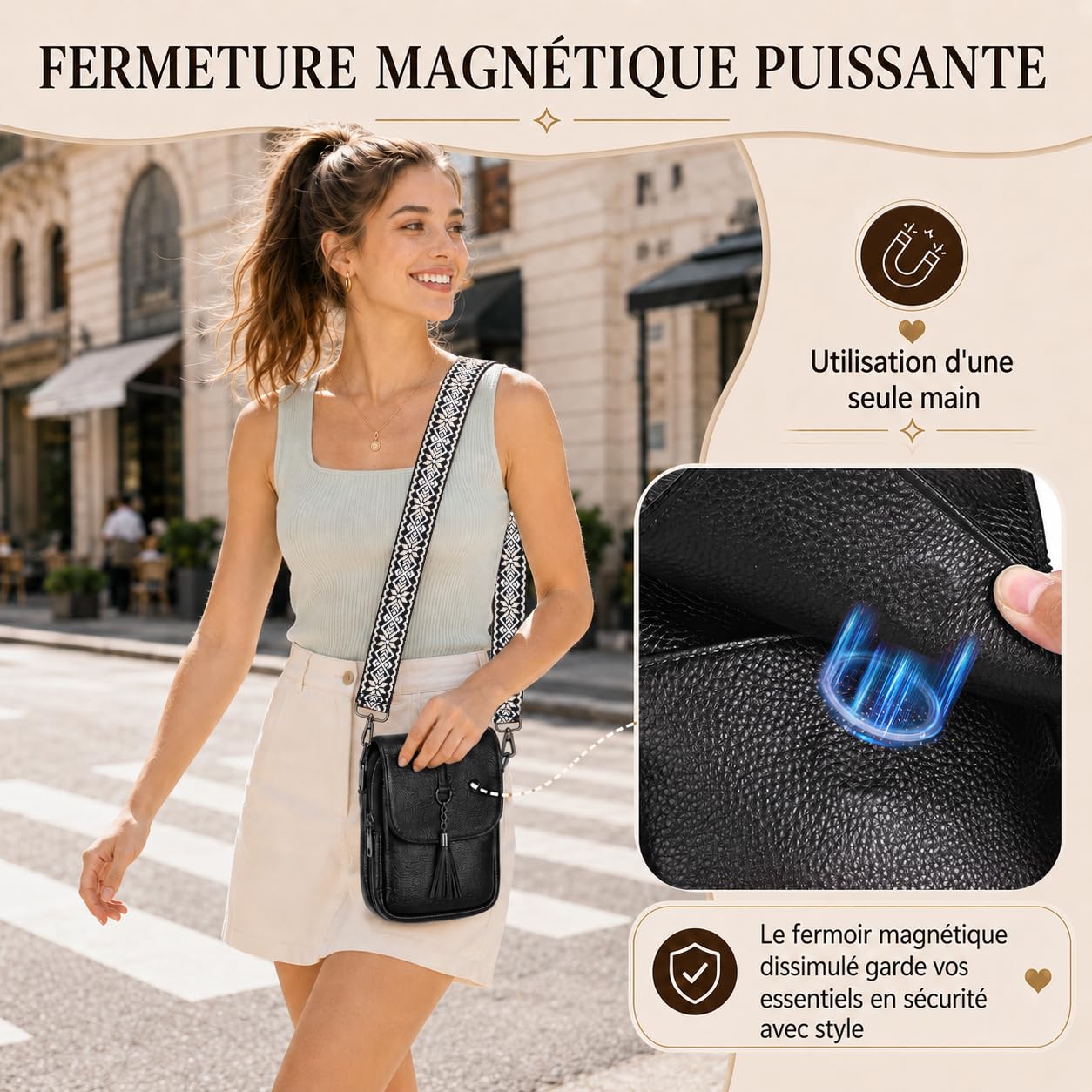 Sac Bandoulière Femme Cuir Véritable avec Protection RFID, Pochette Téléphone Portable Antivol & Élégant — Livré avec Deux Bandoulières