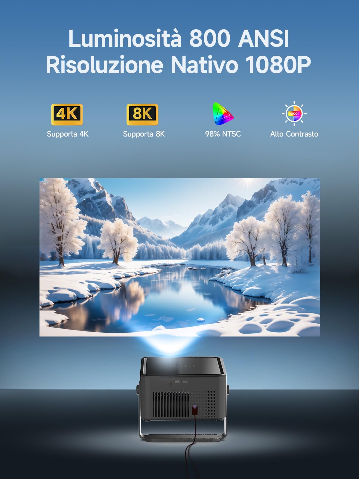 【Android 14 & 800 ANSI】Smart Proiettore Portatile 4K Supporto, 1080P Nativo | Messa A Fuoco Automatica, Correzione Trapezoidale, WiFi 6 BT 5.4, Altoparlante da 15W, Rotazione 180° Proiettore da Esterno