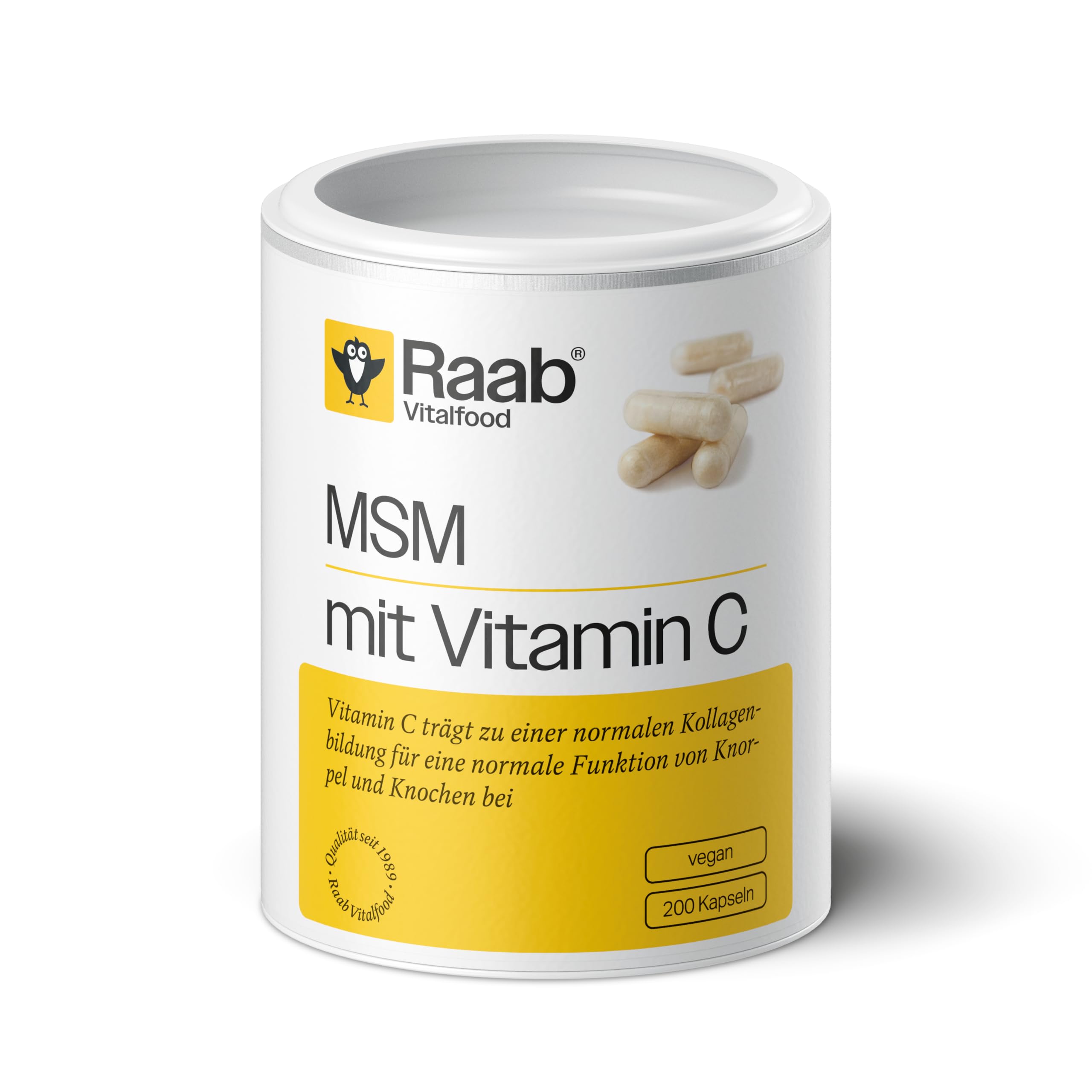 Raab Vitalfood MSM-Kapseln, Methylsulfonylmethan, Vitamin C, 200 Stück, hochrein, vegan