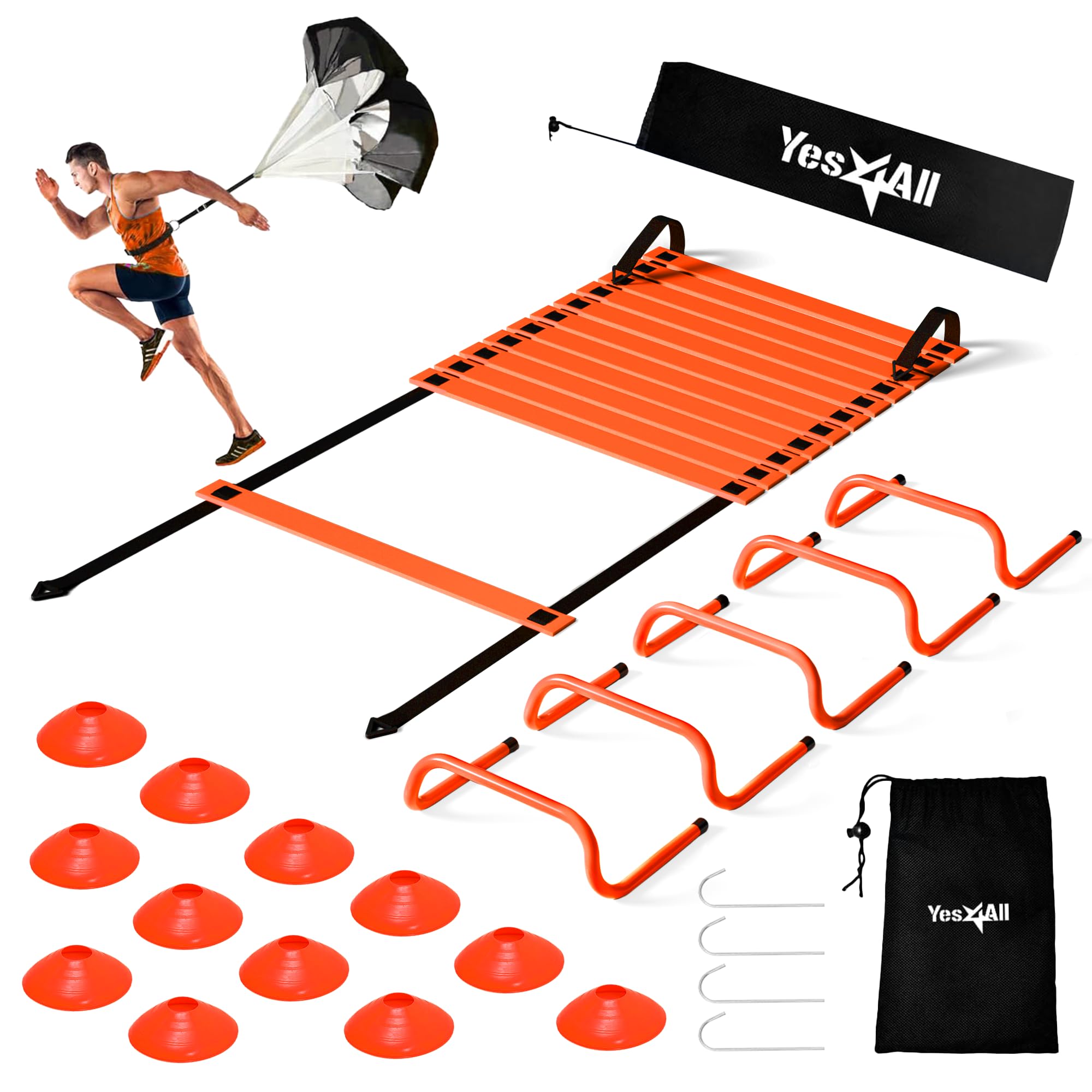 Yes4All Agility Ladder Speed Training Equipment Set - 1 Adjustable Agility Ladder, 12 Soccer Cones, 5 Hurdles, Jump Rope, Running Parachute - Speed & Agility Training Equipment for All Ages