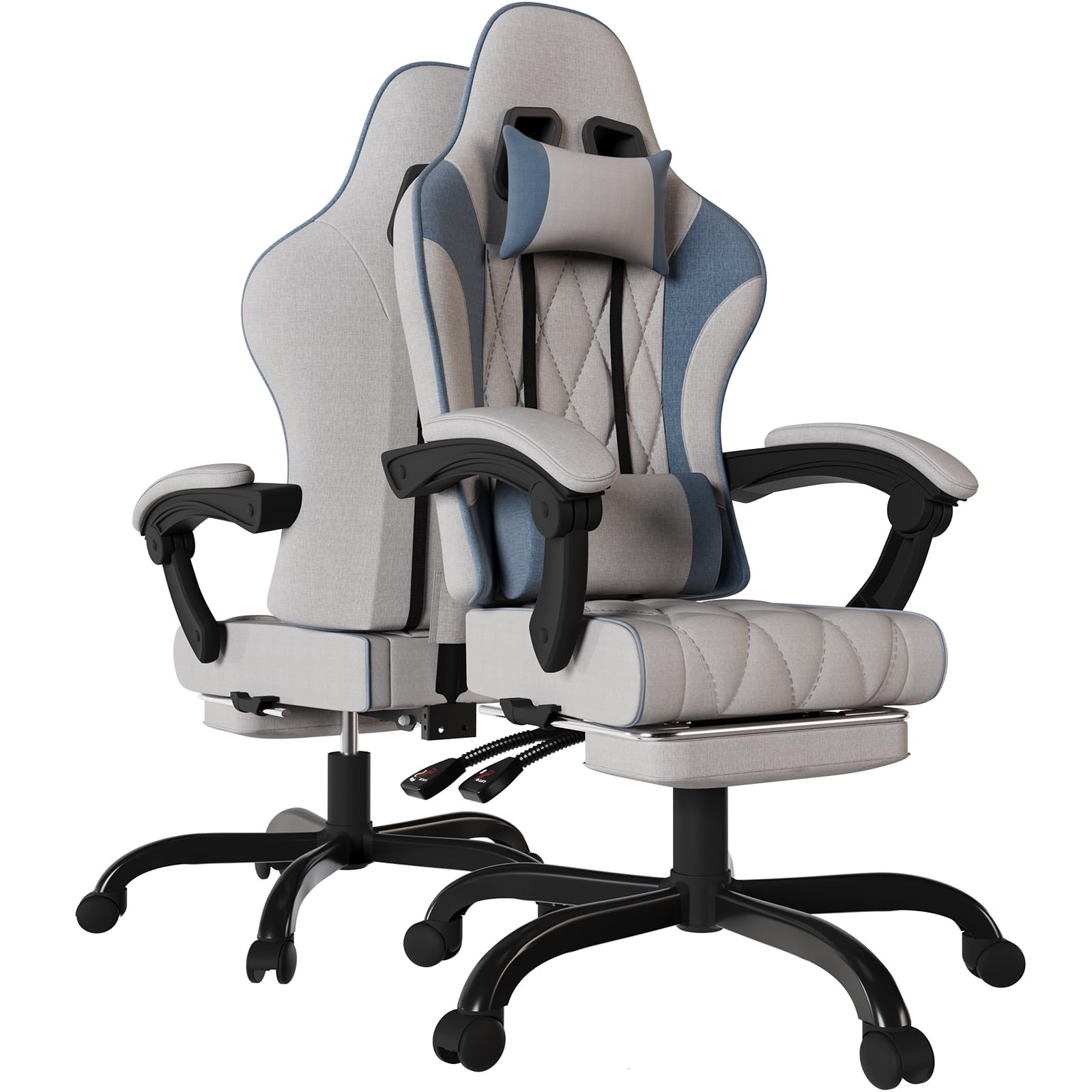 Devoko Silla Gaming de Tela, Sillas de Oficina Ergonómica con Masajeador, Cadeira Gamer con tapicería de muelles, con reposacabezas, reposapies, Ruedas, Regulable en Altura. Gris Claro y Azul