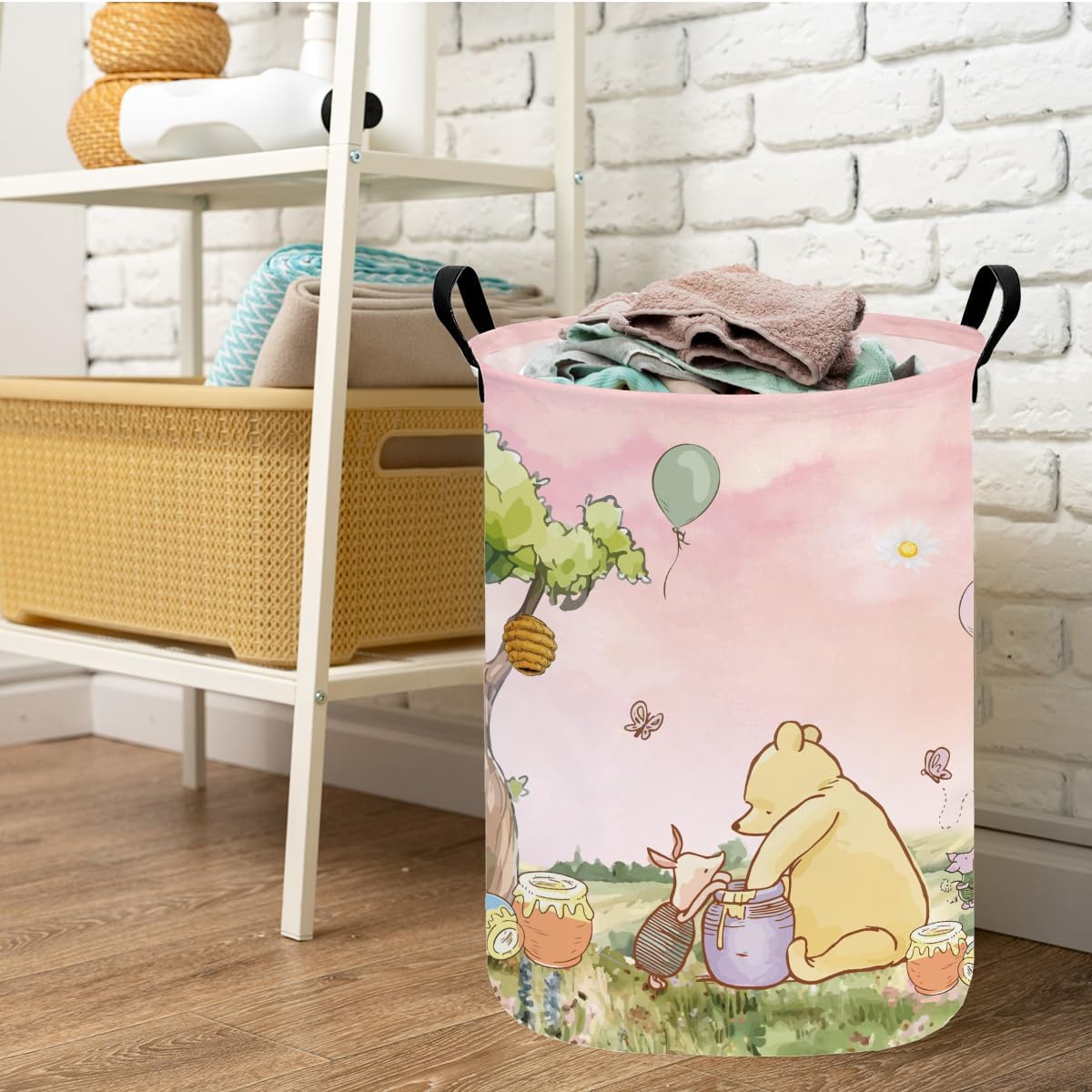 Greatingreat Pink Winnie Foldable Laundry Hamper, Circular Canvas Storage Basket with PE Coating, Collapsible Clothes Organizer for Home, Nursery, and Bedroom