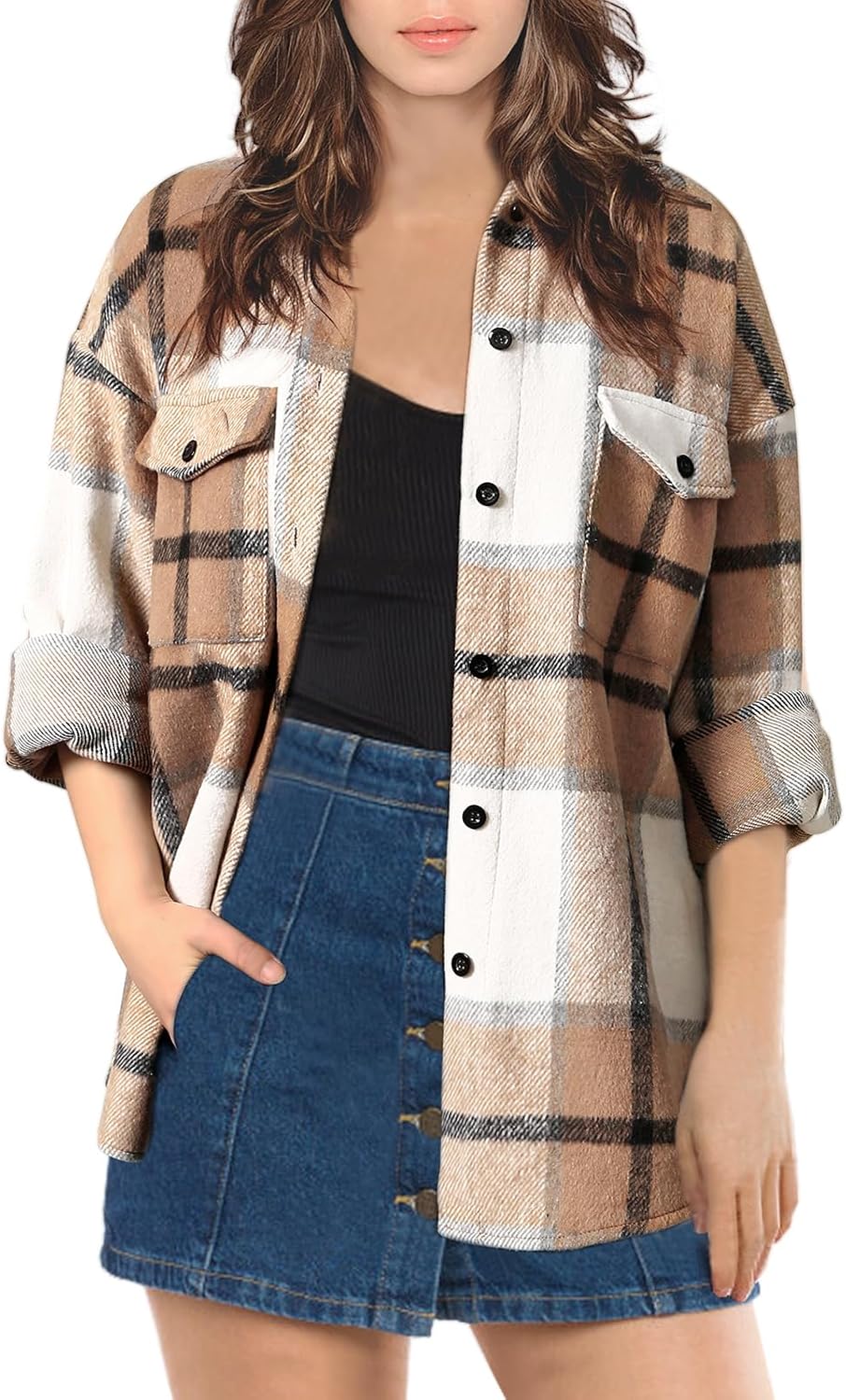 SHEJIZE Women's Casual Shacket Jacket Plaid Shirts Flannel Blouses Button-Down Shirts - Image 5