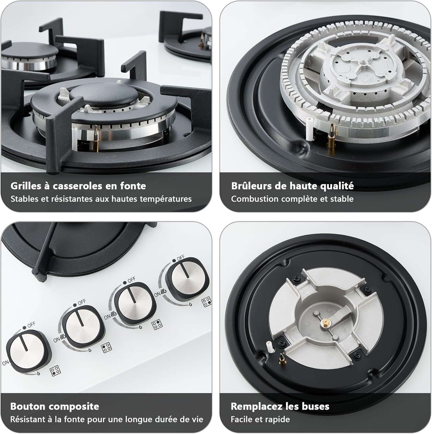 Collage aus Detailbildern, die gusseiserne Topfträger, hochwertige Brenner, Bedienknöpfe aus Verbundmaterial und den Austausch der Gasdüse zeigen