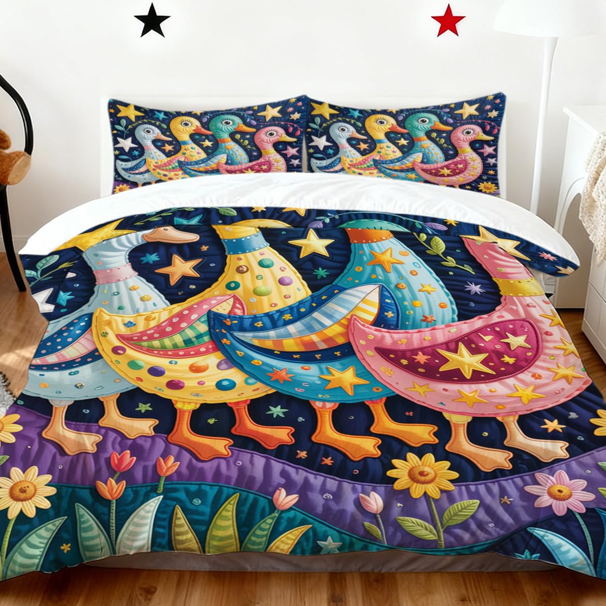 BlessLiving Colorful Ducks Super King Bedding: Green Leaf Flowers Star Pattern Duvet Cover- Floral Ducks Quilt Cover with 2 Pillowcases — image 1