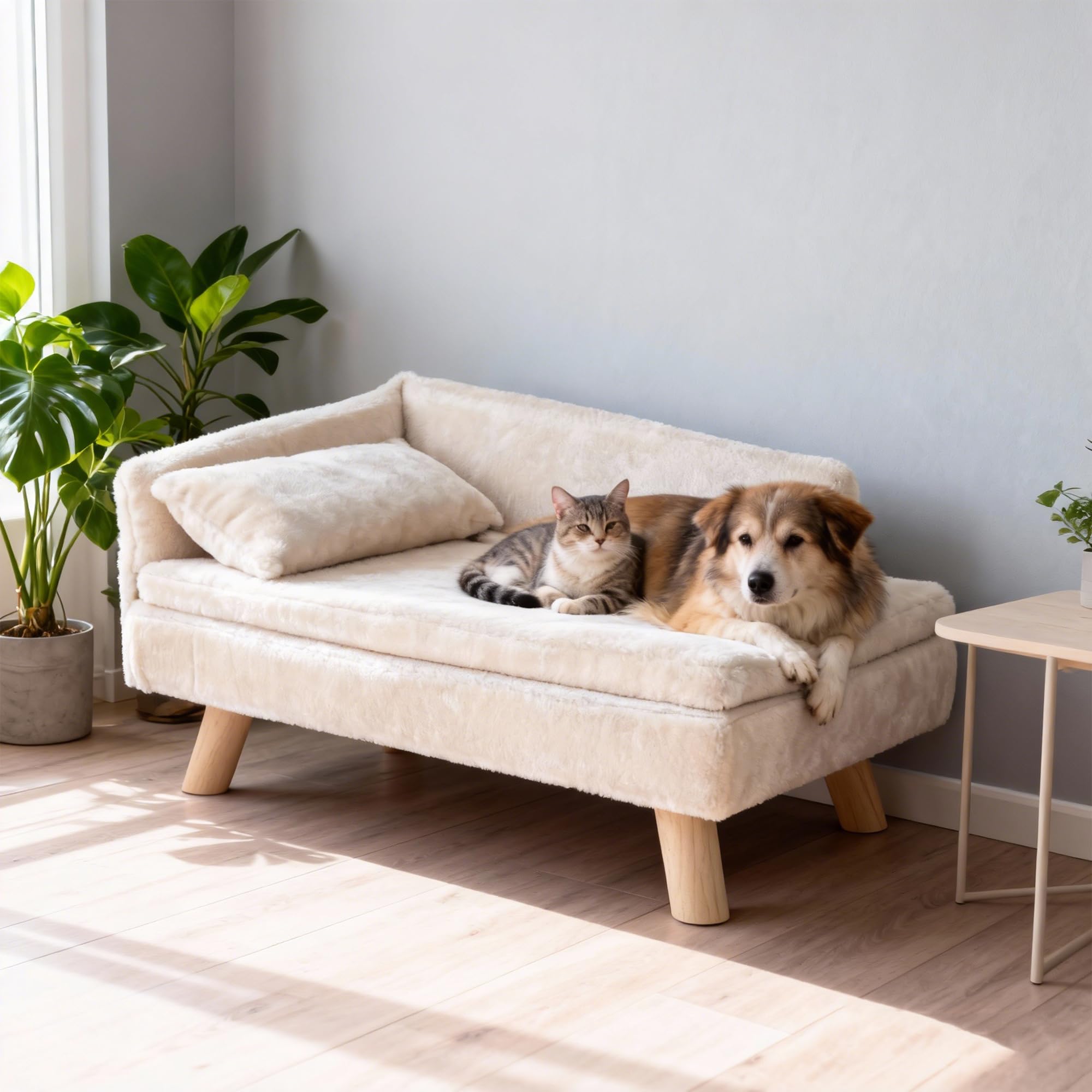 SOARS Canapé pour Chien Chat, Lit Surélevé avec Dossier Haut, Coussin et Pieds en Bois Massif, pour Moyens/Petits Chiens, 71 x 43 x 40 cm, Beige