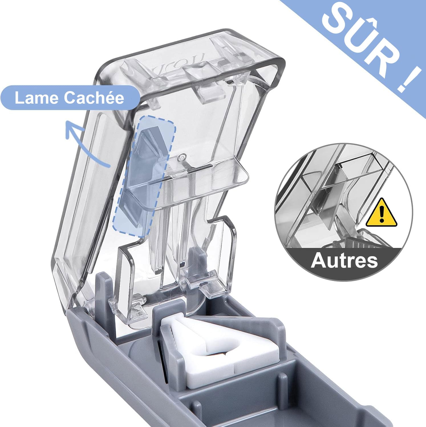 Fullicon Coupe-Comprimés avec 7 Supports en Silicone, Coupe-Comprimés pour Petits Comprimés avec Alignement Précis, Lame en Acier Inoxydable & Protection de Lame 2 Boîtes à Pilules Offertes (Gris)