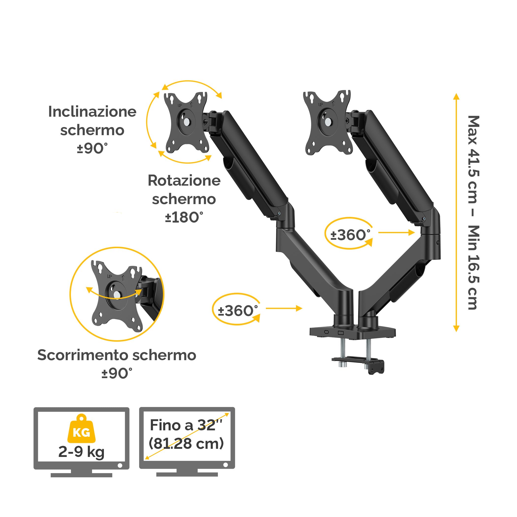 Fellowes Braccio Monitor Doppio Everyday Plus – Supporta 2 schermi 17"-32" (2-9 kg ciascuno), regolabile in altezza, inclinazione e rotazione, VESA 75/100, a morsetto o foro passante - Nero