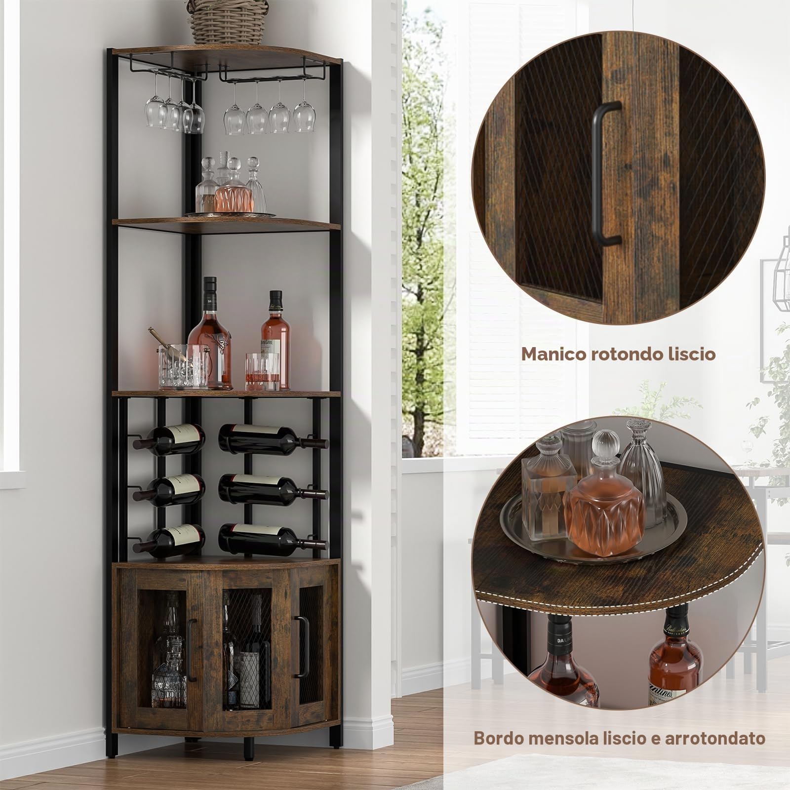 Mobile Bar Angolo con Portabicchieri, Armadio per Liquori e Vino a 4 Livelli con Porte in Rete Metallica, Armadio Buffet Portabottiglie con Kit Antiribaltamento per Bar a Casa, Conservazione