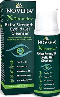 NOVEHA Demodex Extra Strength Eyelid Gel Cleanser for Blepharitis, MGD, Dry Eyes - Tea Tree Oil, B5, HA - Soothes Itchy Eyelids 50mL