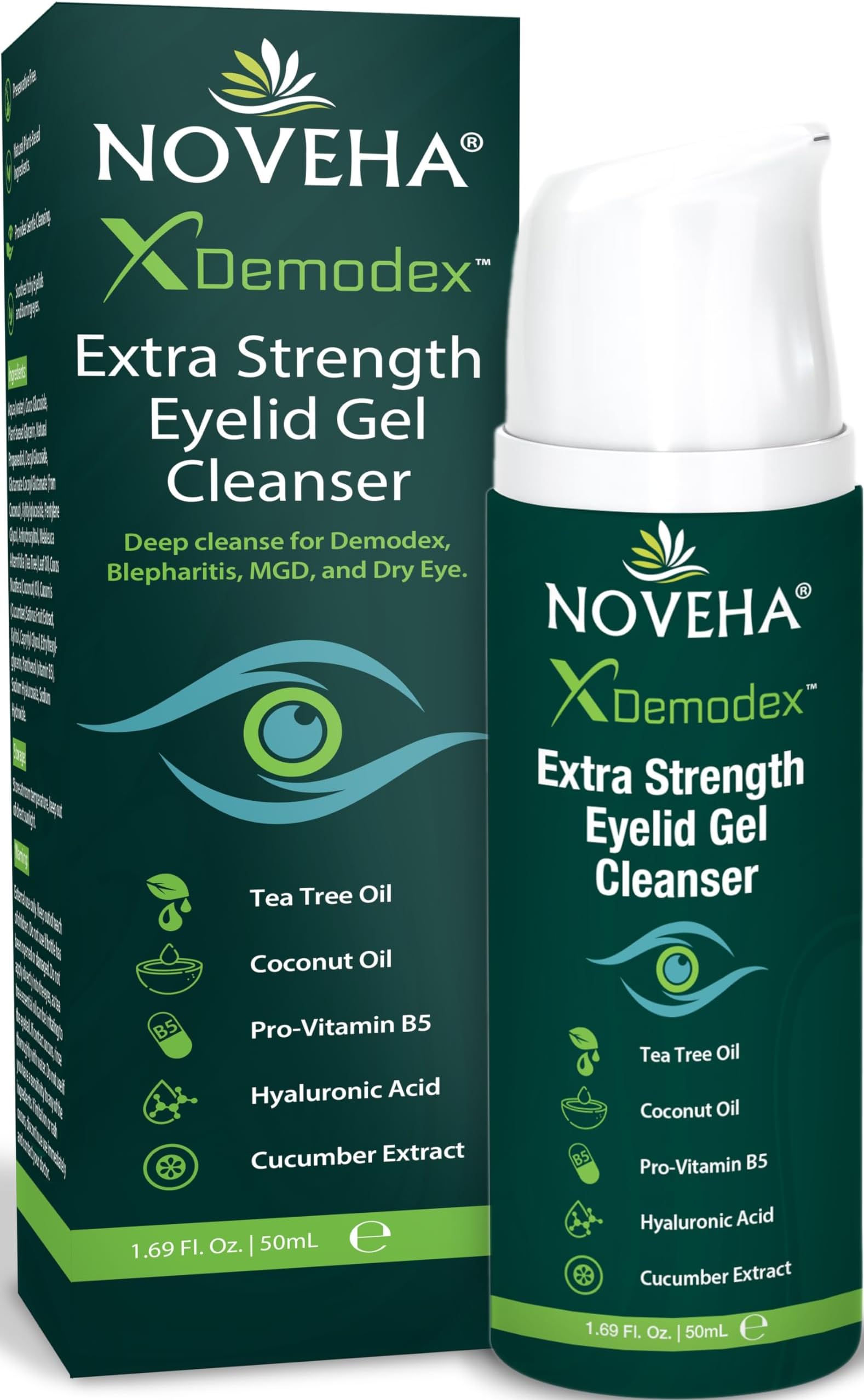 NOVEHA Demodex Extra Strength Eyelid Gel Cleanser - for Demodex, MGD and Dry Eye with Pro-Vitamin B5, Tea Tree Oil, and Hyaluronic Acid - Gentle Cleansing, Soothes Itchy Eyelid - 50mL (1 Pack)