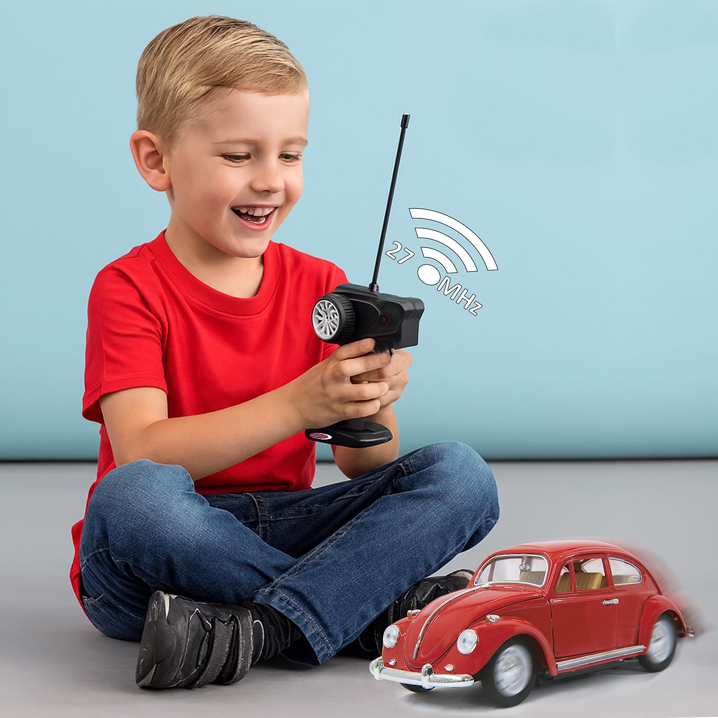 JAMARA 405110 - VW Käfer 1:18 RC Diecast Rot 27MHz – Kultfahrzeug mit Gummi-Bereifung, öffnen von Türen, Motorhaube und Kofferraum, perfekt nachgebildete Details, hochwertige Verarbeitung