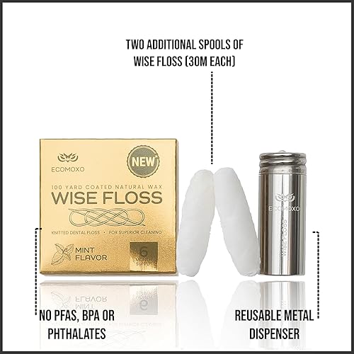 Miniatura 3 de Wise Floss - Hilo dental tejido patentado con dispensador reutilizable, 2 recambios (menta)  100 yardas de hilo encerado expandible de punto grueso