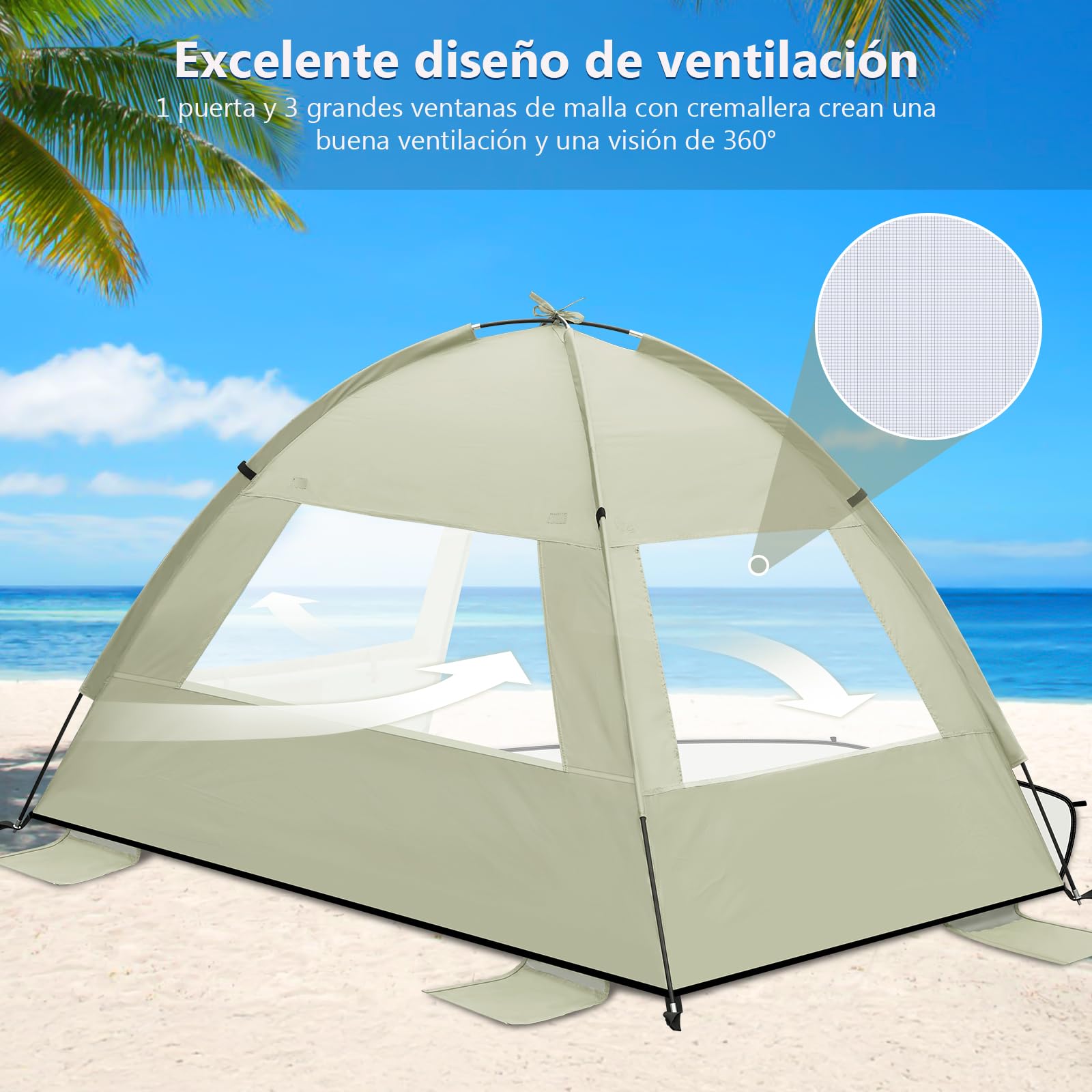 Tienda de Playa Plegable, Carpa Playa Bebe UV 50+, Refugio de Sol con Ventilación, Estructura Estable, Tienda de Campaña Ligera y Portátil para Camping