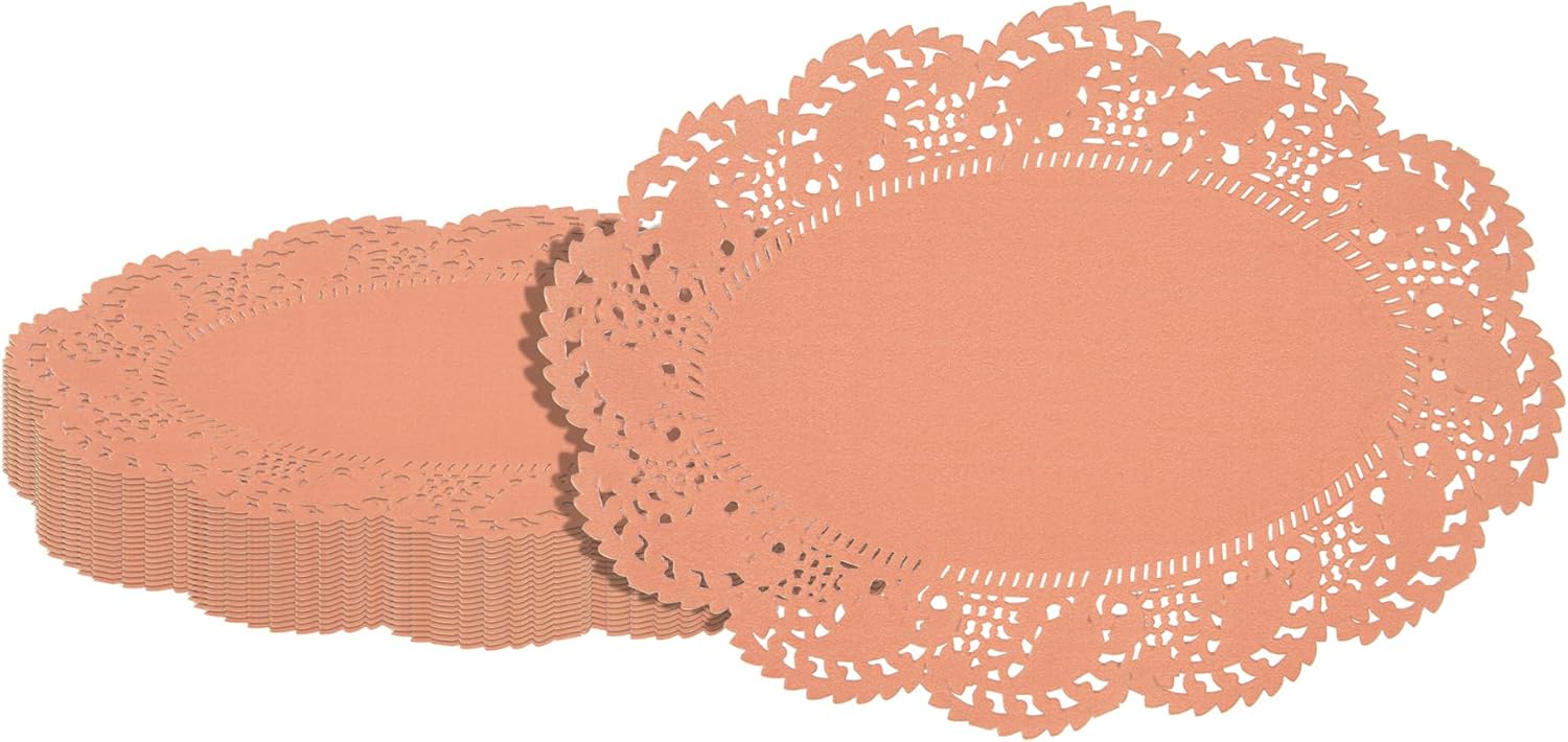 Restaurantware-Pastry Tek 9 x 6.5 Inch Paper Lace Doilies, 4000 Oval Disposable Table Doilies - Elegant Lace Finish, Long Lasting, Coral Paper Lace Doilies, for Pastries, Cupcakes, Desserts