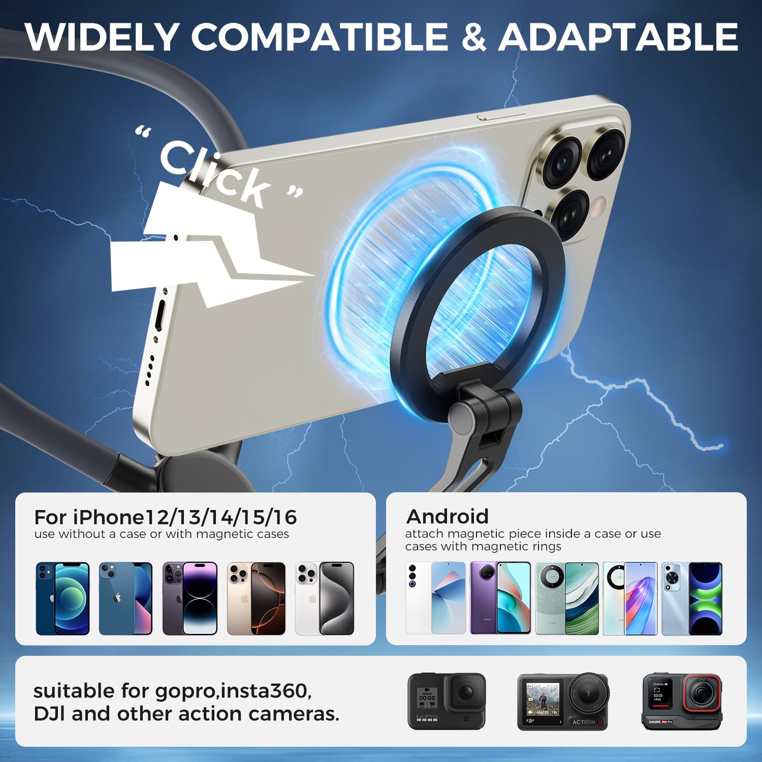 Magnetic Neck Phone Holder, Neck Mount for Cell Phone Hands Free POV/Vlog Selfie Mount with Chest Strap, Chest Phone Holder for Recording/Cooking/Riding, iPhone 17 16 15 14 13 Android GoPro Insta360