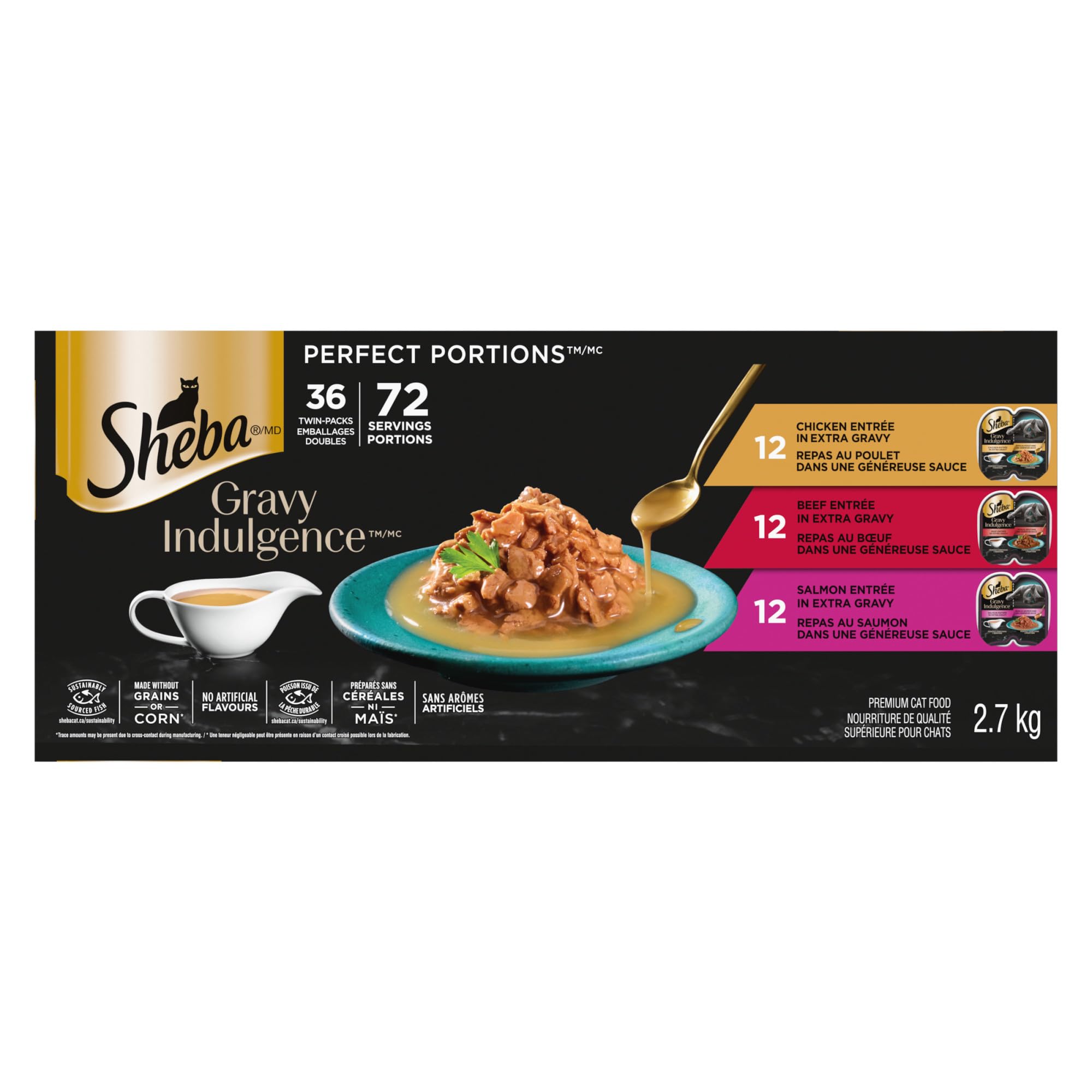Sheba Gravy Indulgence Perfect Portions Adult Wet Cat Food Chicken & Beef & Salmon Entrée in Extra Gravy Variety Pack, (36) 75g Trays image 4